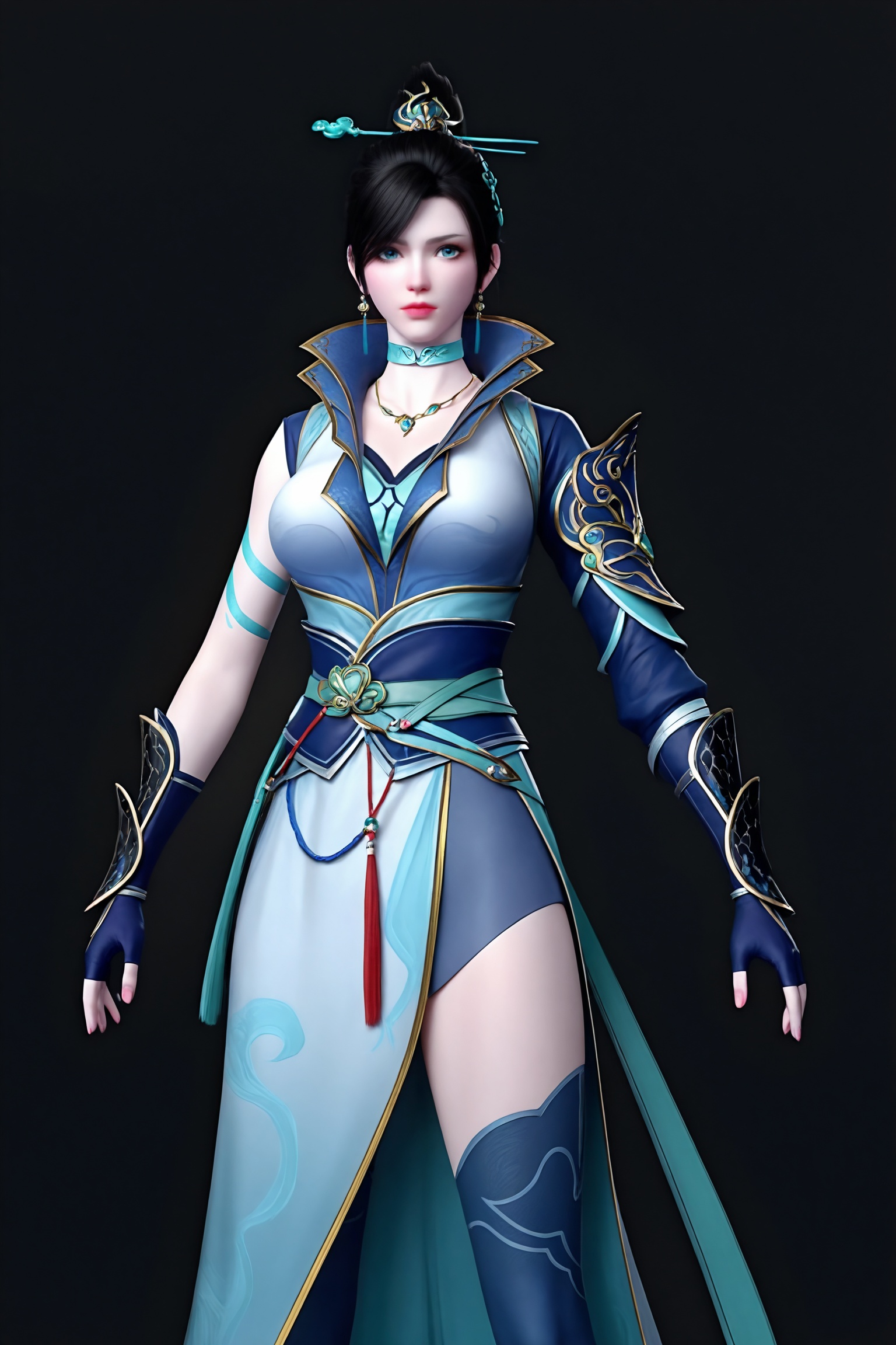 black background,standing,looking at viewer,1girl, ql\(dpcq\), black hair, ponytail, hair ornament, long hair,hair bun, hair stick,earrings,blue choker,fingerless gloves,  chinese clothes, blue dress,thighhighs, necklace, high collar,