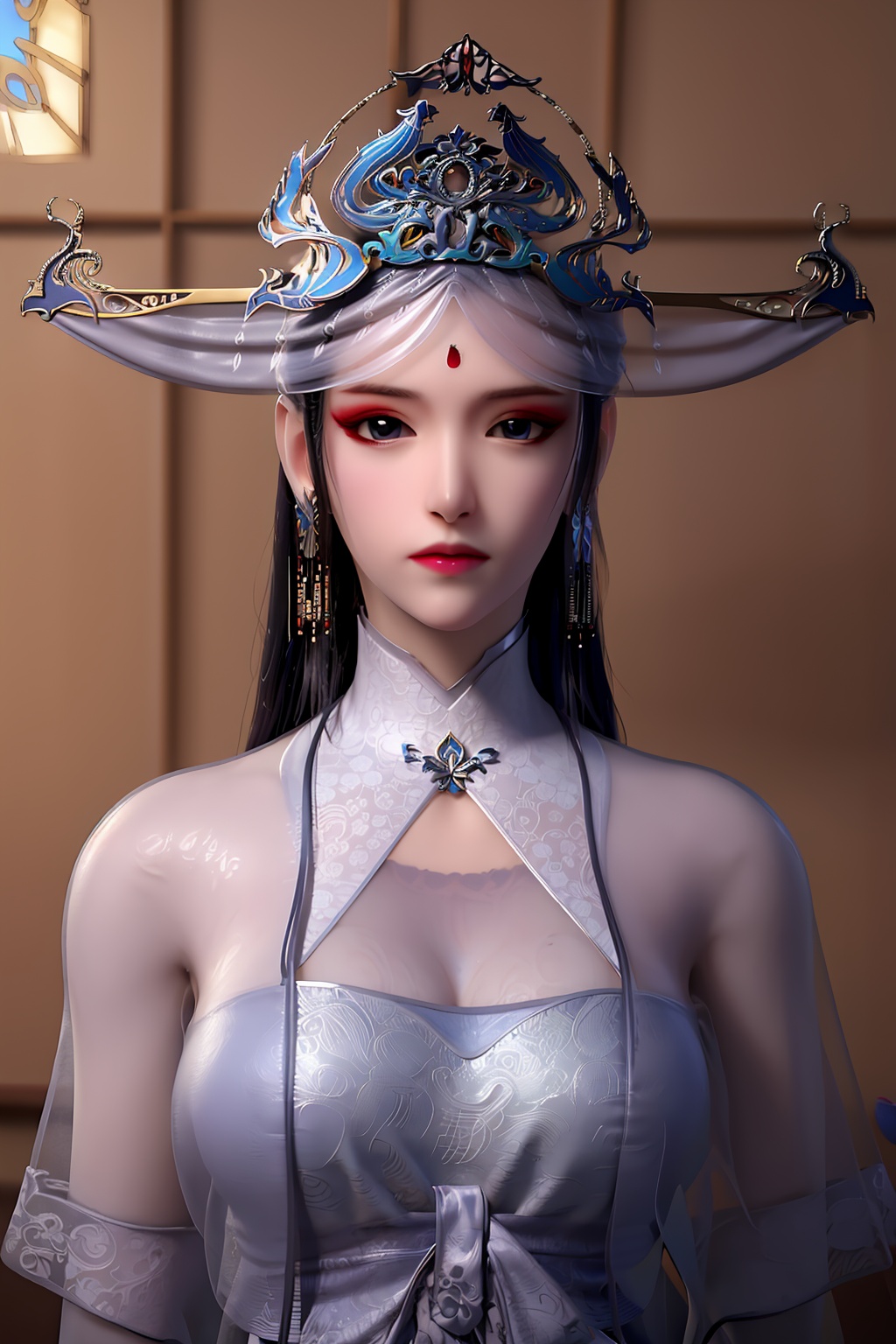 3D,masterpiece,(best quality),(makeup),official art, extremely detailed cg 8k wallpaper,((crystalstexture skin)), (extremely delicate and beautiful),(highly detailed),(face),((tiara)),(collar),hat,(1girl), (solo), (jewelry), (earrings),(black_hair),(long_hair),(hair_ornament),(handwear),(breast),((portrait)),(chinese_clothes),(multicolored_clothes),(multicolored_dress),(closed_mouth),,((looking_at_viewer)),((Facing the camera)),(room), <lora:hipoly3DModelLora_v10:0.3>