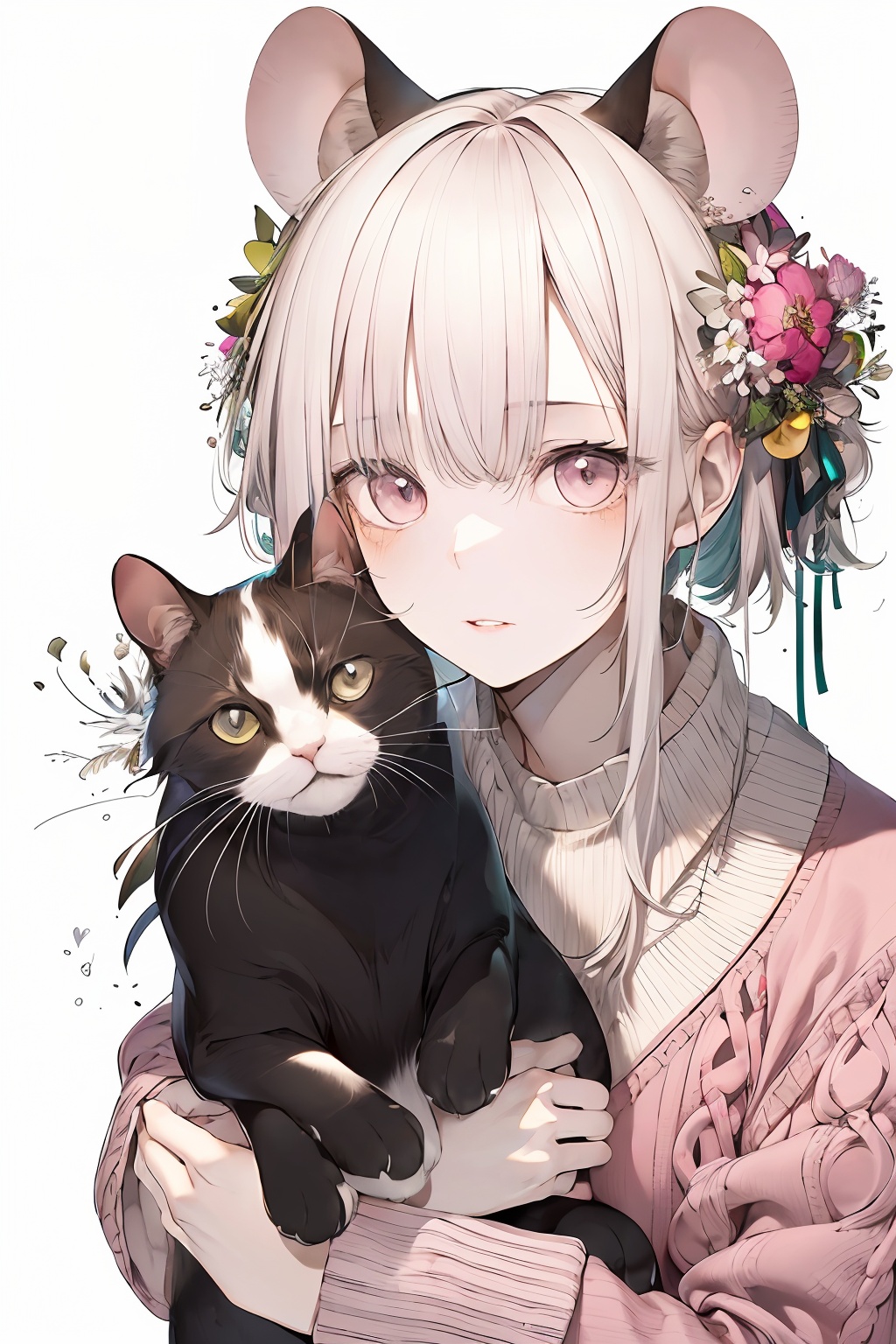 Half-length portrait of a girl holding a cat,1girl,looking at viewer,bangs,simple background,hair ornament,long sleeves,white background,holding,upper body,flower,white hair,parted lips,pink eyes,sweater,mouse ears,holding cat,<lora:lbc_Girly_v2.0-000006:0.8>,