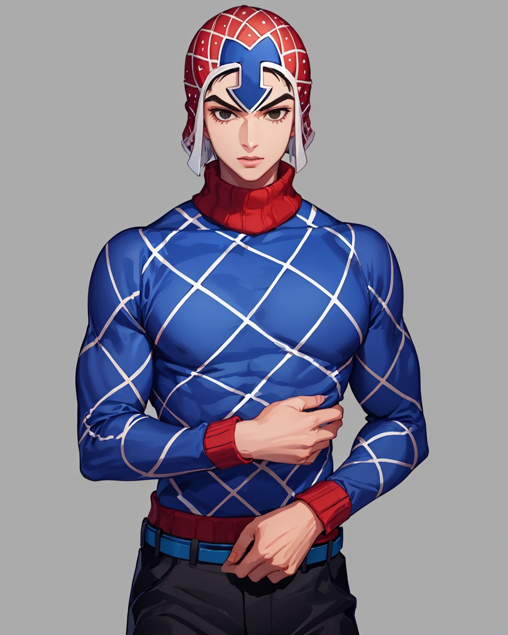 masterpiece,best quality, highly detailed, guido mista,1boy, male focus, argyle sweater, turtleneck, bald, solo,<lora:guido_mista:1>