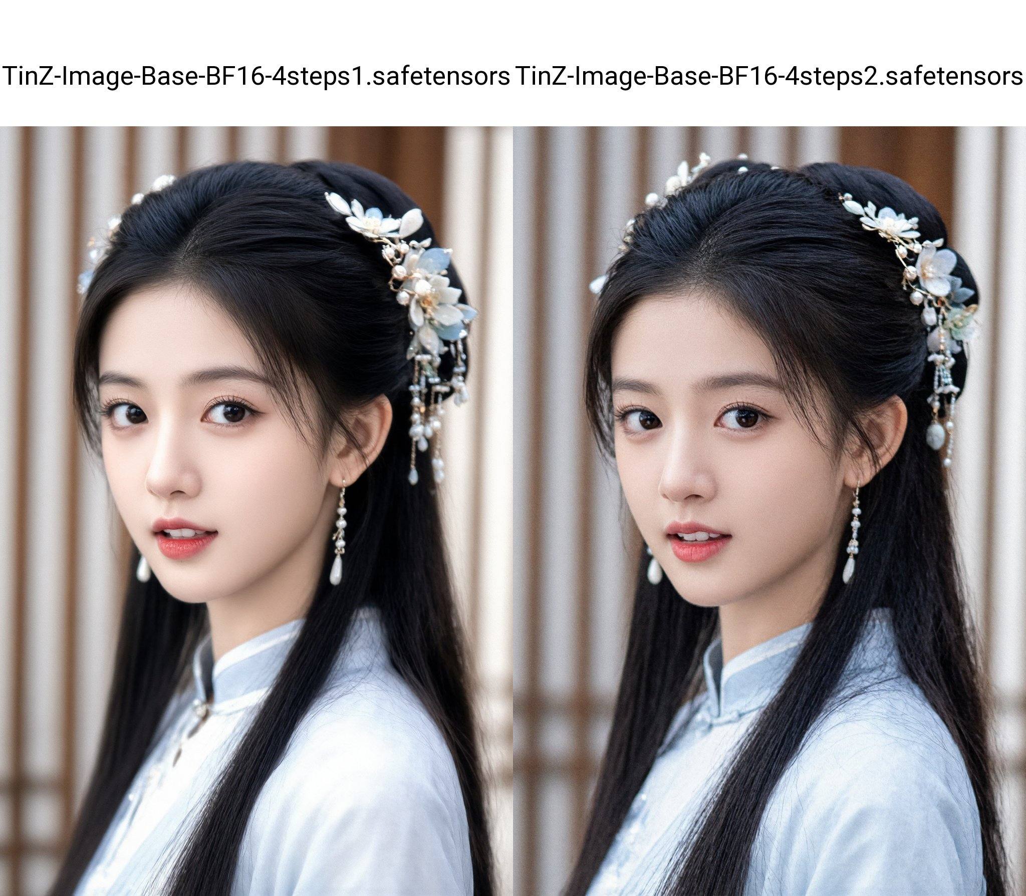 HDR photo of cinematic film still, a young Asian woman with fair skin, delicate features, and large, expressive brown eyes. She has long, straight black hair adorned with intricate floral hair accessories, including white flowers and dangling pearl-like beads. Her lips are slightly parted, showcasing a subtle smile. She wears elegant, dangling earrings and a traditional, light blue outfit with a high collar. The background is softly blurred, featuring vertical wooden slats, suggesting an indoor setting with traditional decor. The image is detailed and lifelike, capturing the subject's serene and composed expression.