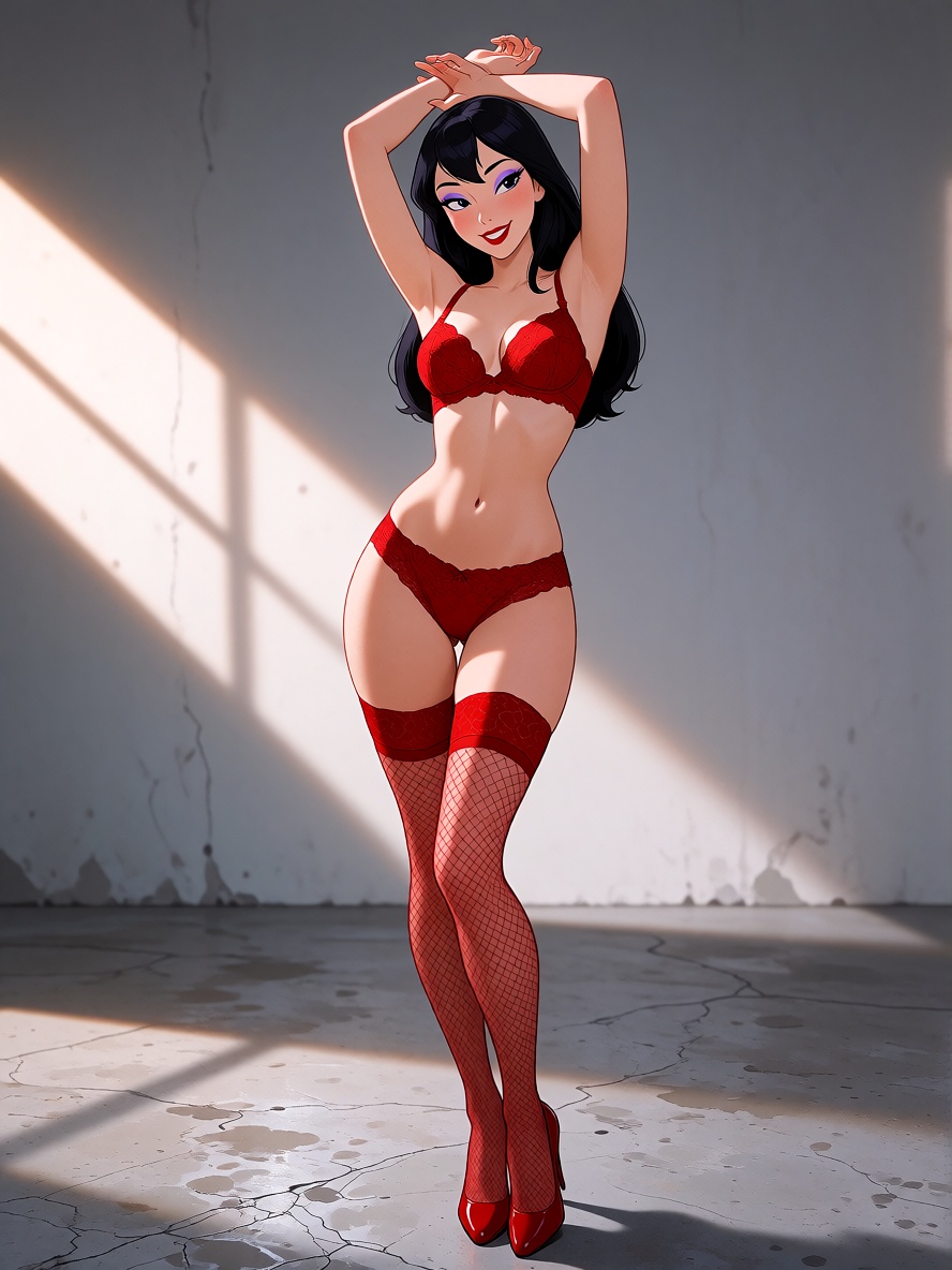 CartoonLadies style. A captivating young Caucasian female in her early twenties stands confidently within a minimalist stu...