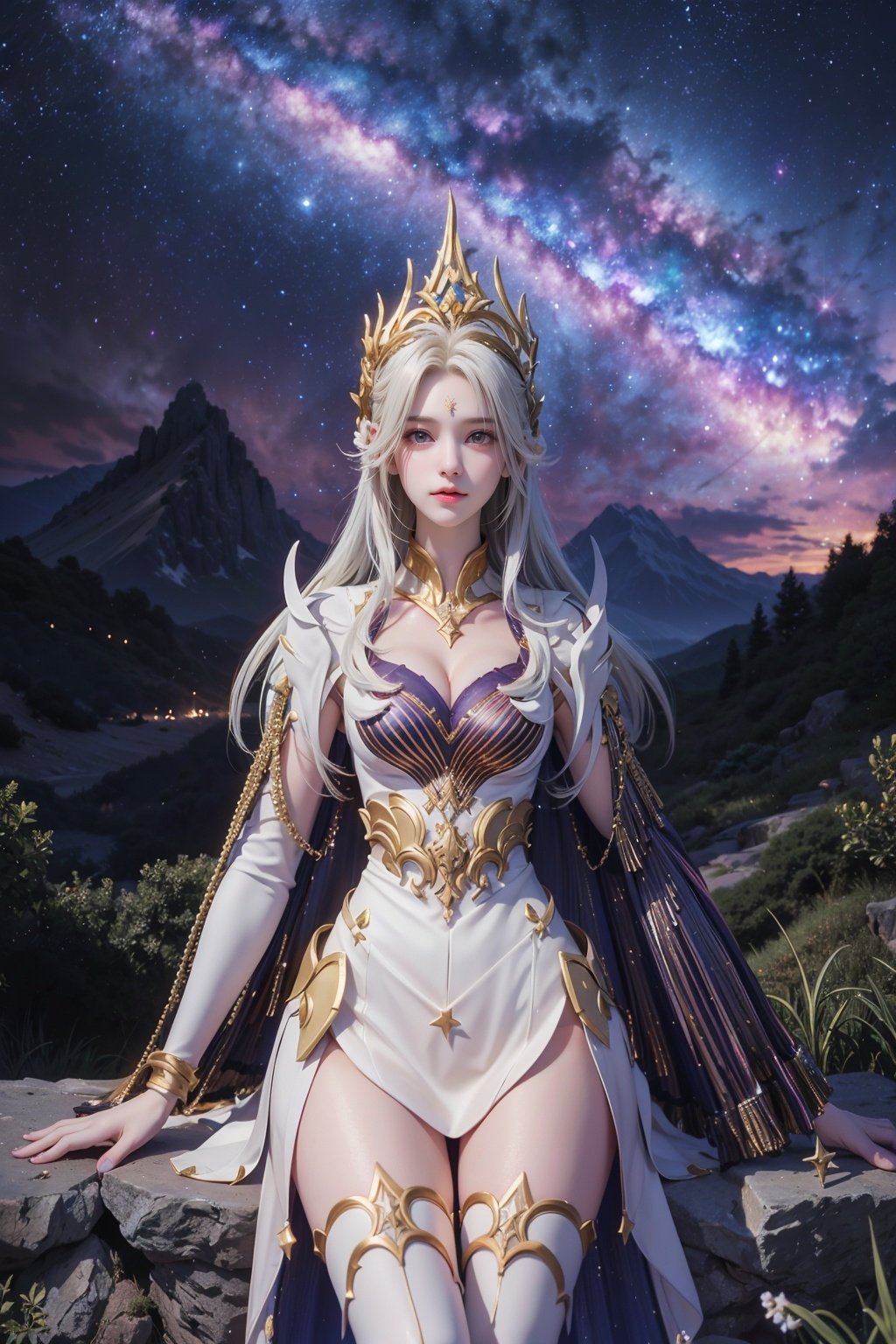 <lora:YJ_20240312232247-000007:0.75>,YJ,scenery,sky,star \(sky\),outdoors,starry sky,tree,night,cloud,rock,night sky,mountain,nature,1girl,solo,thighhighs,dress,white dress,white thighhighs,boots,thigh boots,white hair,long hair,looking at viewer,jewelry,blue eyes,bangs,hair ornament,feather trim,cape,gold trim,armor,shiny,(sitting:1.2),, (raw photo:1.2),((photorealistic:1.4))best quality,masterpiece,illustration,an extremely delicate and beautiful,extremely detailed,CG,unity,8k wallpaper,Amazing,finely detail,masterpiece,best quality,official art,extremely detailed CG unity 8k wallpaper,absurdres,incredibly absurdres,huge filesize,ultra-detailed,highres,extremely detailed,beautiful detailed girl,cinematic lighting,1girl,pale skin,tall female,(perfect body shape),skinny body,Slender legs,, pale skin,tall man,long legs,thin leg,