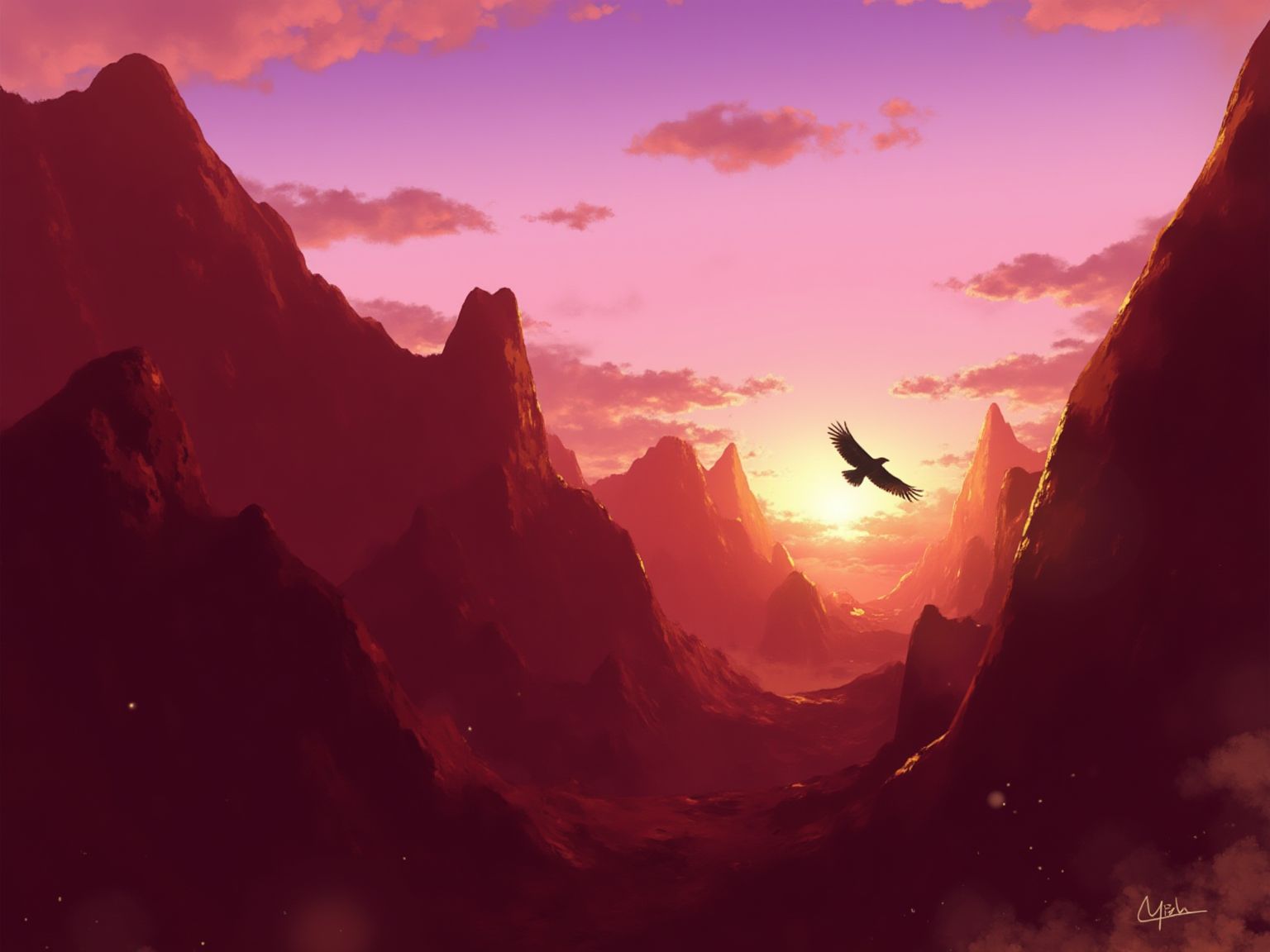 A digital illustration depicts a breathtaking view of a canyon at sunrise. The canyon walls are a rich, earthy red, and the shadows cast by the rising sun create a dramatic play of light and dark. A lone eagle soars overhead, its wings spread wide against the backdrop of the awakening landscape. The sky is a brilliant mix of pinks, oranges, and golds, with the promise of a new day. The illustration captures the grandeur and awe-inspiring beauty of the natural world. <lora:S_BLACKGROUD_:1>