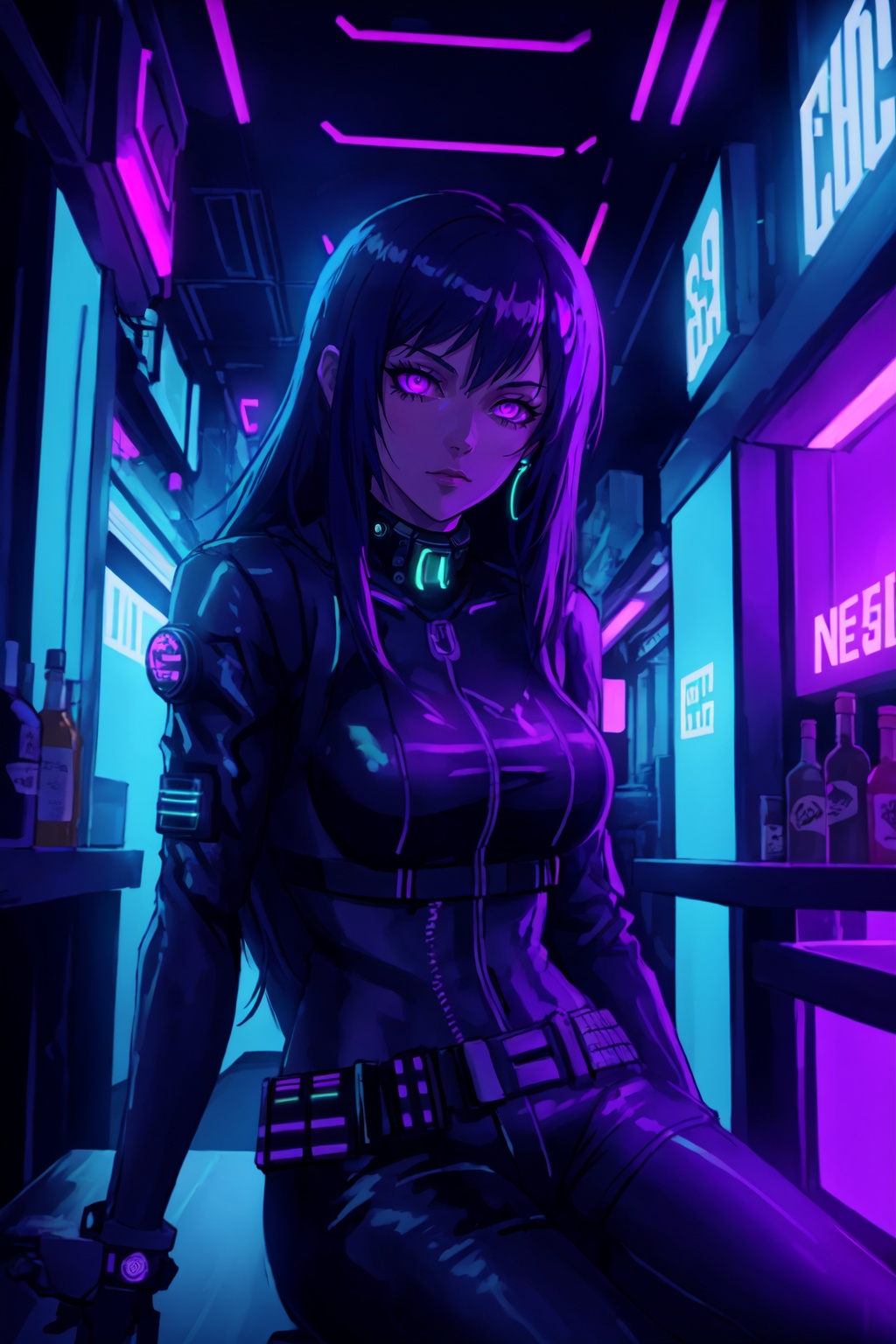 a woman sitting on a counter in a neon lit bar with neon signs and neon lights behind her and a neon sign behind her,  cyb...