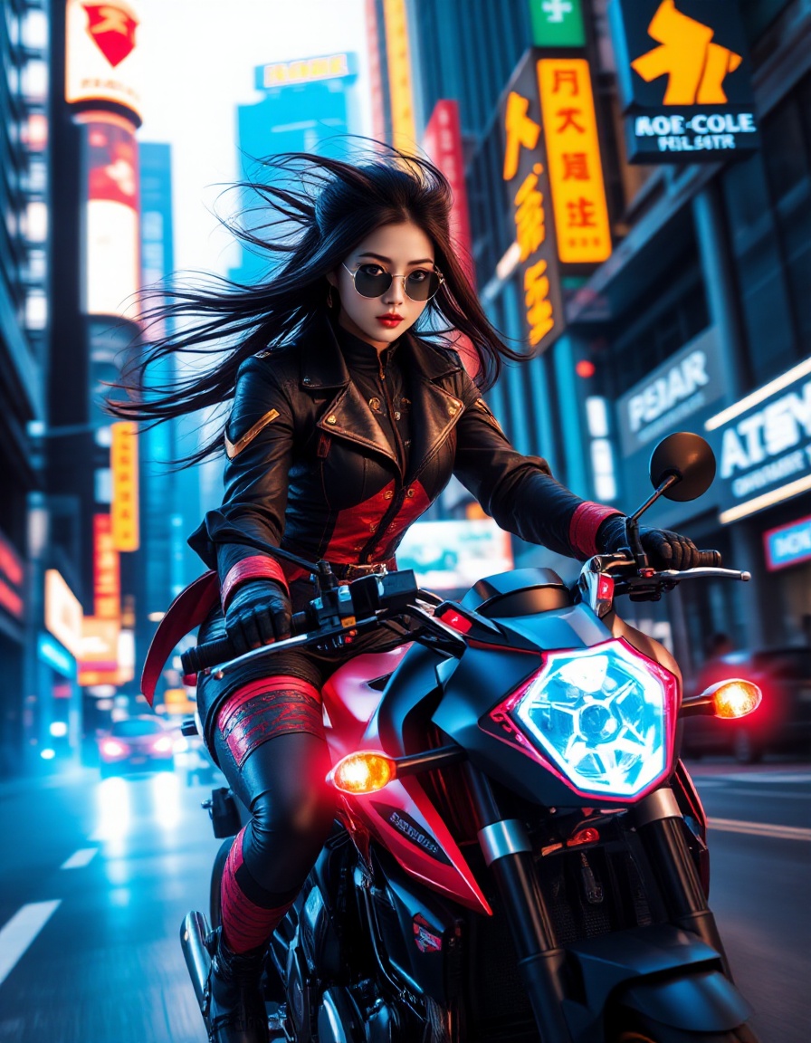 A dynamic scene of a girl riding a motorcycle in a cyberpunk setting,  her hair flowing freely in the wind,  emphasizing t...