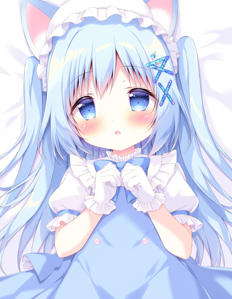 shiratama_(shiratamaco), commentary_request, 1girl, animal_ear_headwear, blue_bow, blue_bowtie, blue_dress, blue_eyes, blue_hair, blush, bow, bowtie, crystal, dress, frilled_gloves, frills, gloves, hair_ornament, hat, light_blue_hair, long_hair, looking_at_viewer, lying, on_back, on_bed, puffy_short_sleeves, puffy_sleeves, shirt, short_sleeves, solo, twintails, white_gloves, white_hat, white_shirt, x_hair_ornament, kafuu_chino, gochuumon_wa_usagi_desu_ka?, year_2024,, <lora:flux-Shiratamaco-000006:1>