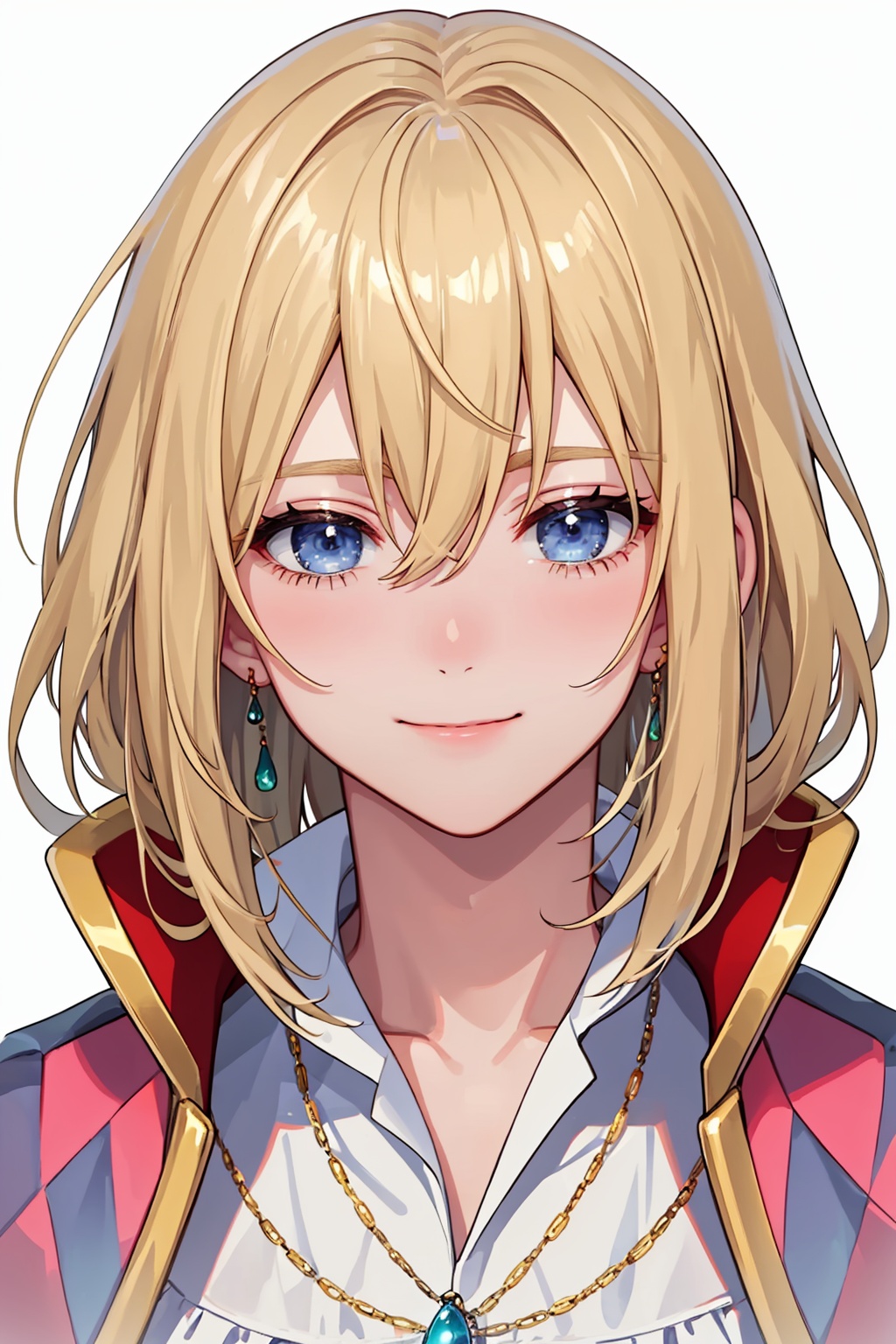 masterpiece,best quality, highly detailed, 1boy,howl (howl no ugoku shiro),male focus,solo,looking at viewer,simple background,smile,white background,white shirt,closed mouth,necklace,upper body,portrait,<lora:howl_(howl_no_ugoku_shiro):1>