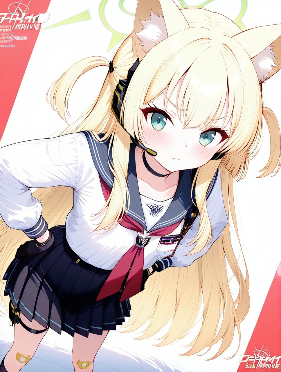 O,ultra detailed anime texture,Kurumi(blue archive),Kurumi(blue archive),1girl,solo,skirt,animal ears,long hair,gloves,black gloves,very long hair,pleated skirt,green eyes,blonde hair,socks,sailor collar,shirt,hands on hips,puffy long sleeves,black socks,long sleeves,animal ear fluff,bangs,school uniform,white shirt,black sailor collar,two-tone background,red neckerchief,black choker,kneehighs,looking at viewer,fox ears,closed mouth,serafuku,choker,bandaid on leg,hair between eyes,headset,black skirt,neckerchief,shoes,white background,white footwear,puffy sleeves,halo,bandaid,thick eyebrows,v-shaped eyebrows,bandaid on knee,thigh strap,standing,blush,fox girl,simple background,feet out of frame,(aesthetics),masterpiece,best quality,ultra high definition,32K resolution,clear focus,delicate details,high-end texture,fashion photography,film perspective,rich colors,color palette,advertising style,tension composition,masterpiece,mild atmosphere,latest,dynamic Dutch perspective,transparent composition,magazine cover,cover,