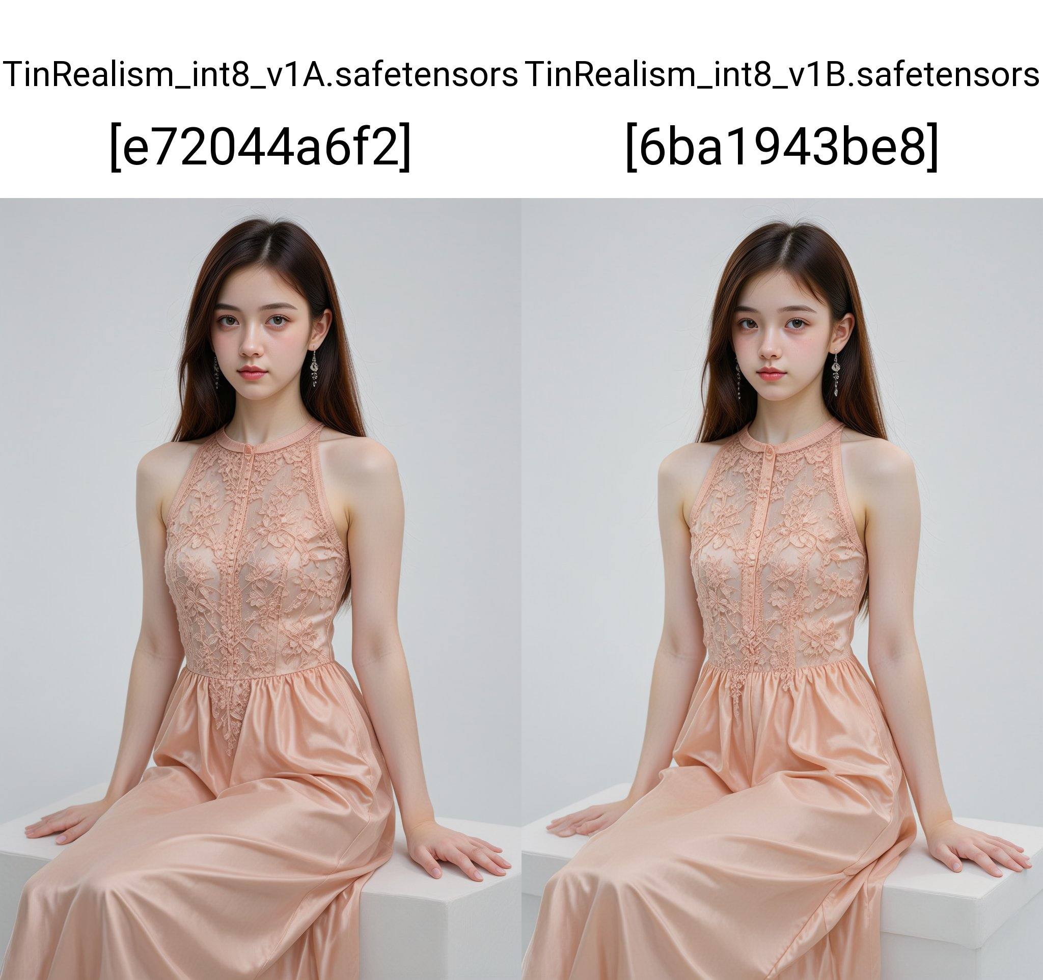 The image is a high-resolution photograph of a young Asian woman seated on a white,  rectangular platform against a plain...
