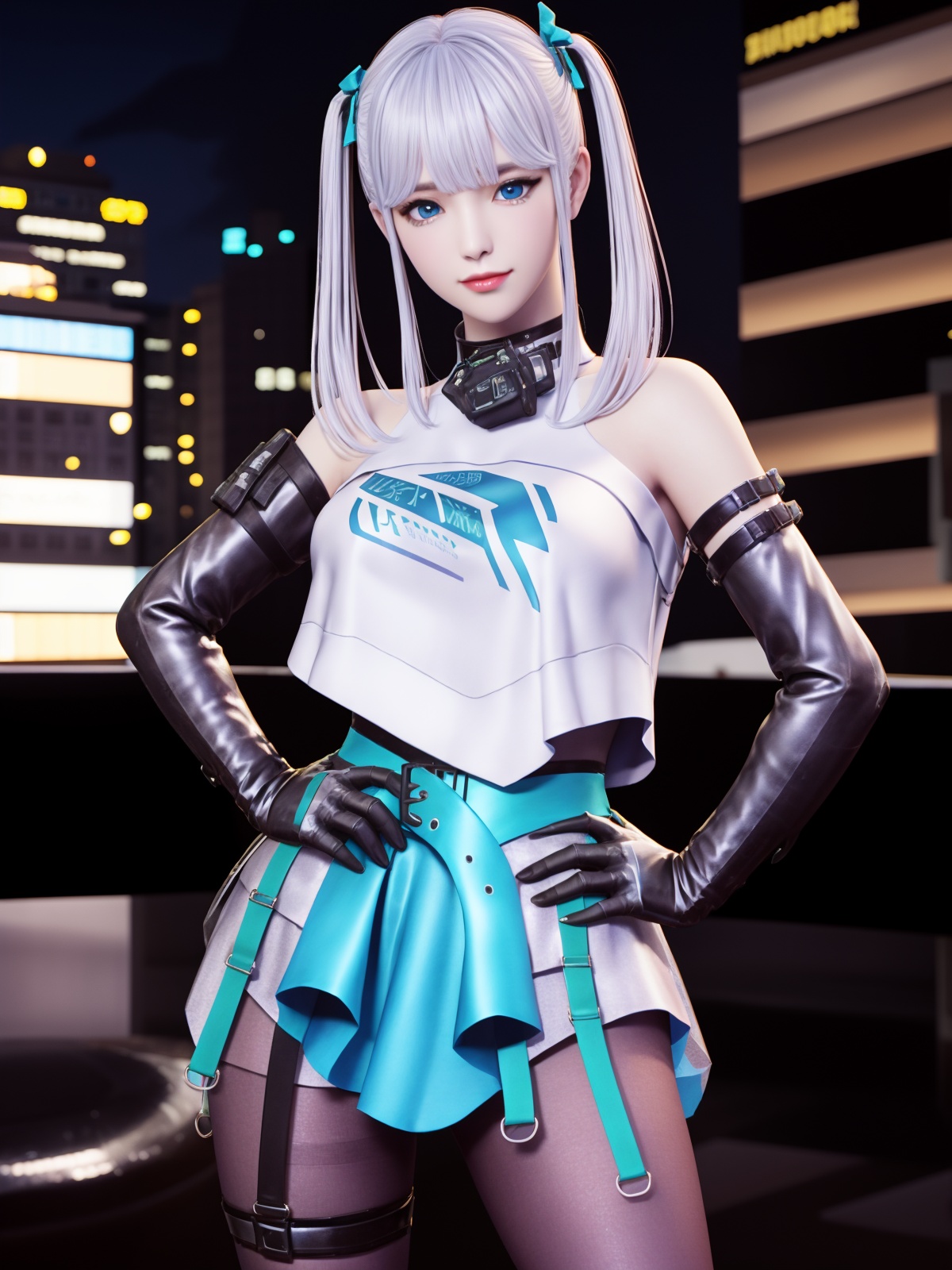 CFwangzheqingyaBW, 1girl, solo, twintails, blue eyes,elbow gloves, thigh boots, looking at viewer, pantyhose, white hair, bangs, dress, belt,bare shoulders, <lora:CFwangzheqingyaBW:0.75>,cityscape, night, 