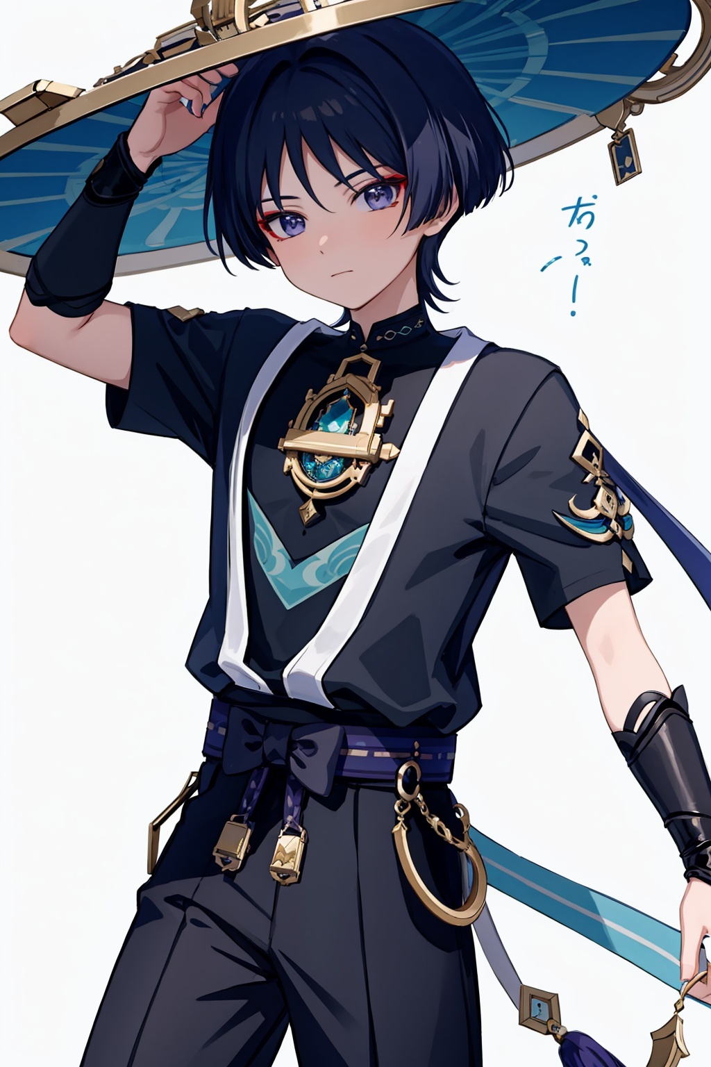 masterpiece,best quality, highly detailed, scaramouche (genshin impact),1boy,male focus,solo,simple background,short sleeves,looking at viewer,closed mouth,black shirt<lora:scaramouche_(genshin_impact):1>,simple background,white background