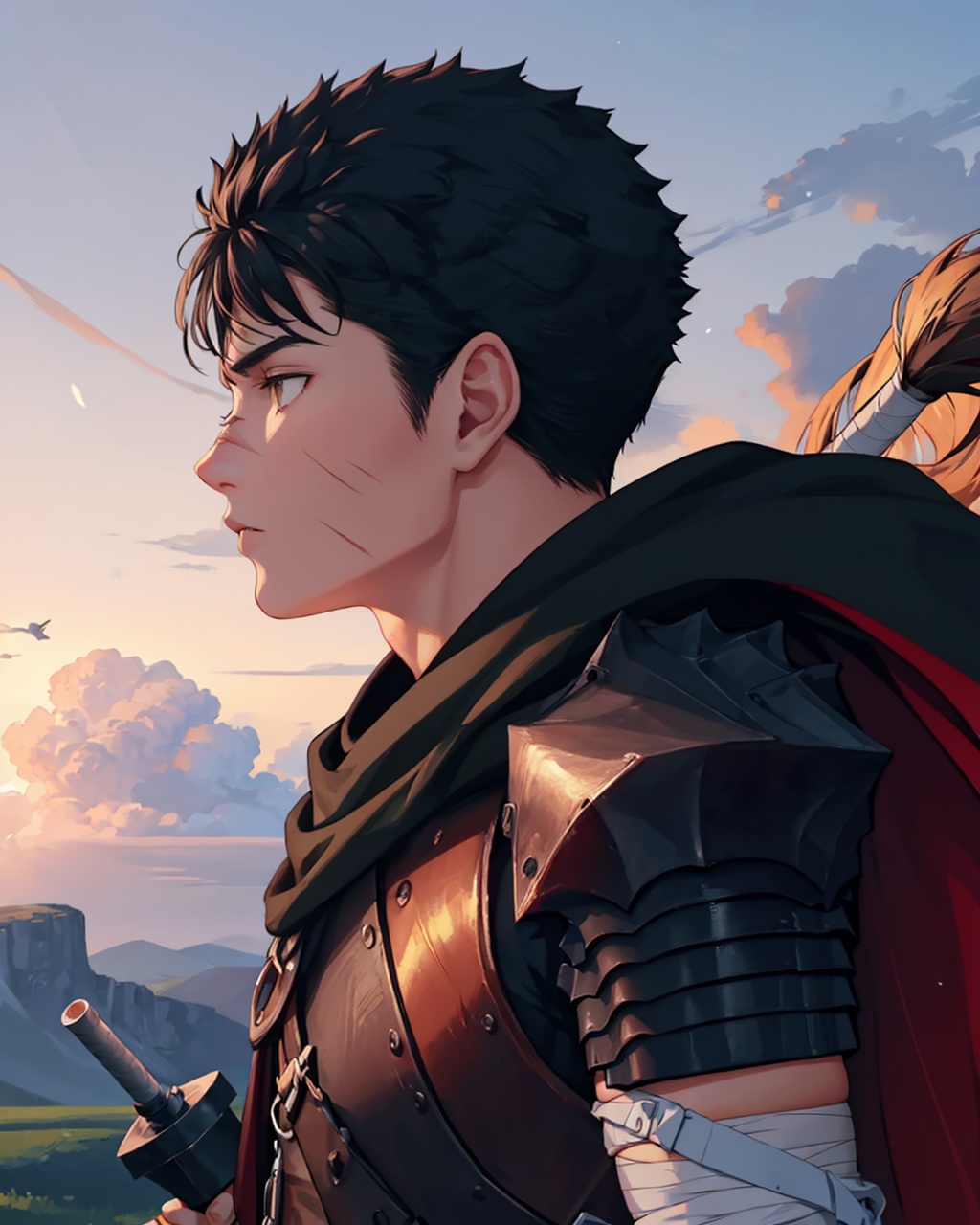masterpiece,best quality, highly detailed, guts (berserk),1boy, solo, male focus, sword, bandages, cloud, scar, profile, sky,<lora:guts_(berserk):1>