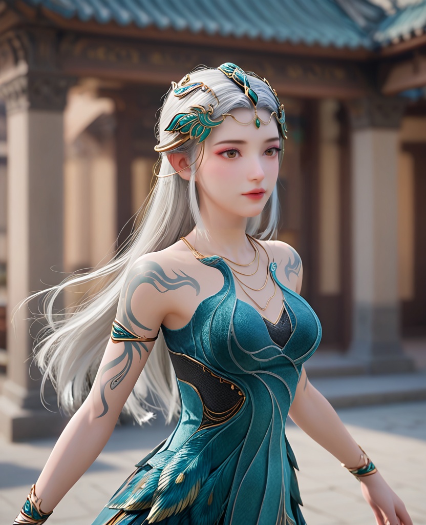(oriental architecture, elegant decor, sophisticated style:1.1),(practicing martial arts,the jab:1.1),(breasts:1.2),<lora:XL遮天秦瑶:0.8>,miss qinyao,green strapless dress,armlet,arm tattoo,necklace,feather overskirt,bracelet,hair ornament,long hair,white hair,brown eyes,pink eyeshadow,moles under the eyes,medium breasts,cleavage,lips,, score_9,score_8_up,score_7_up,score_6_up,score_5_up,score_4_up,3d rendering,tag1,tag2, Cinematic Lighting,backlighting,