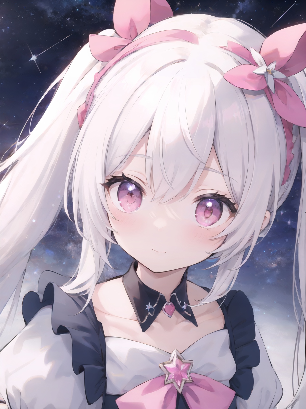 white hair, pink eyes, cure lovely, fine art,twintails, starry sky,, (masterpiece,best quality,ultra_detailed,highres,absurdres:1.2)