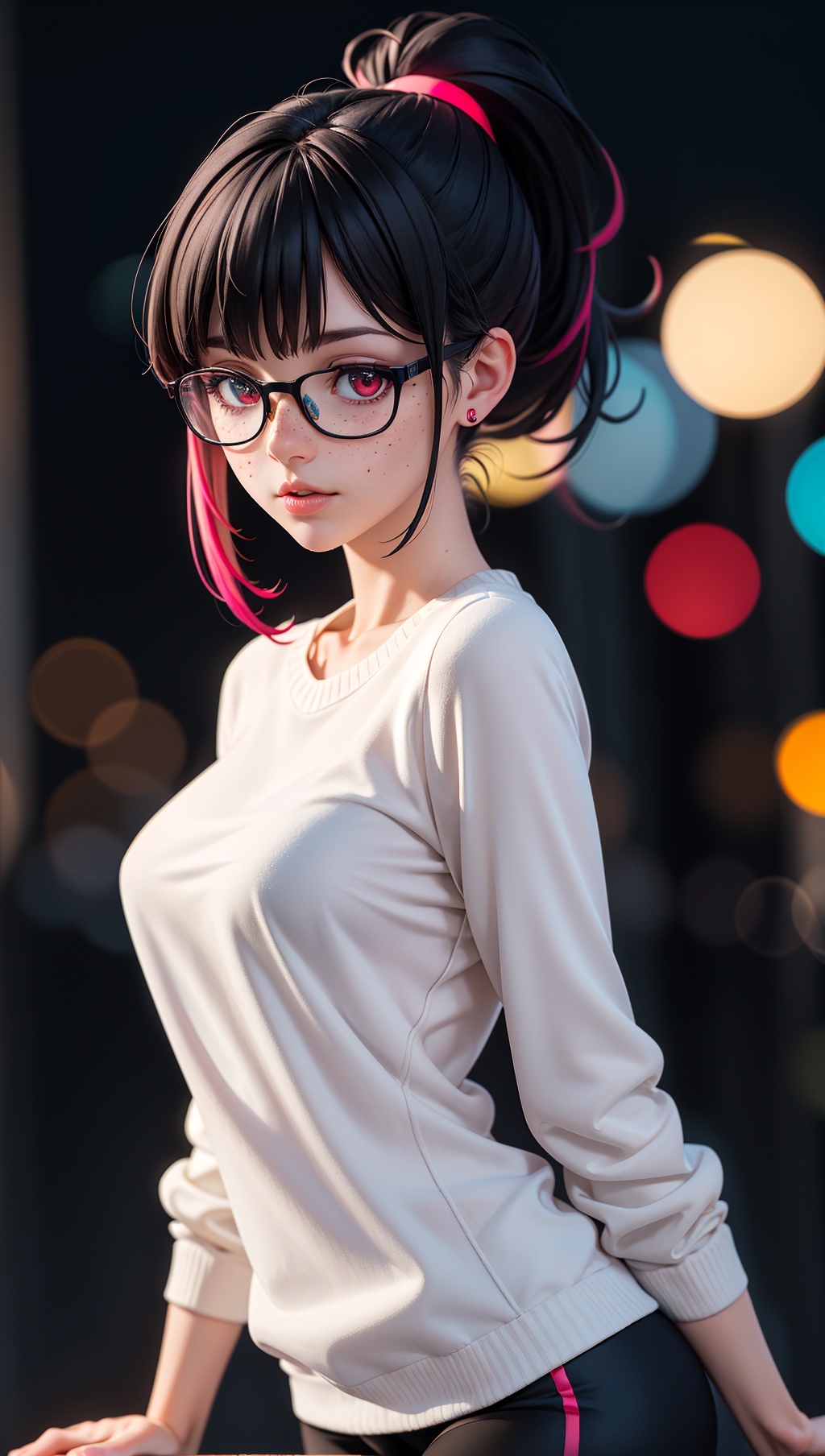 woman,  wearing glasses,  lights bokeh background on Tensor.Art