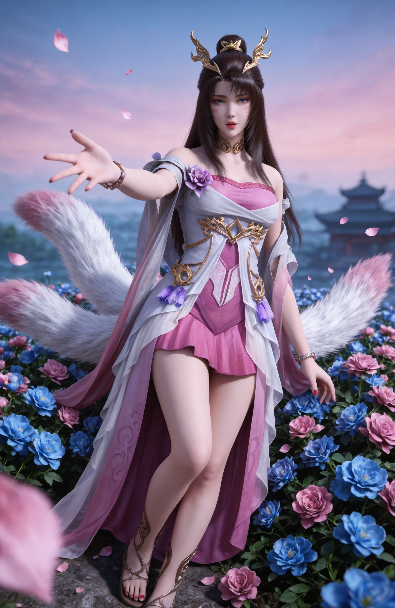 <lora:完美世界-魔女天狐Pony:0.8> 1girl, long hair, hair ornament, brown hair, facial mark, blue eyes, pink dress, bracelet, sandals, hair bun, masterpiece,best quality,amazing quality,very aesthetic,high resolution,ultra-detailed,absurdres,scenery,photorealistic,looking at viewer,moody lighting,peach blossom,falling petals,realistic,photorealistic details,, 1girl,solo,lying,flower,,looking at viewer,rose,red nails,parted lips,red rose,nail polish,see-through,outstretched arm,outstretched hand,breasts,reaching towards viewer,