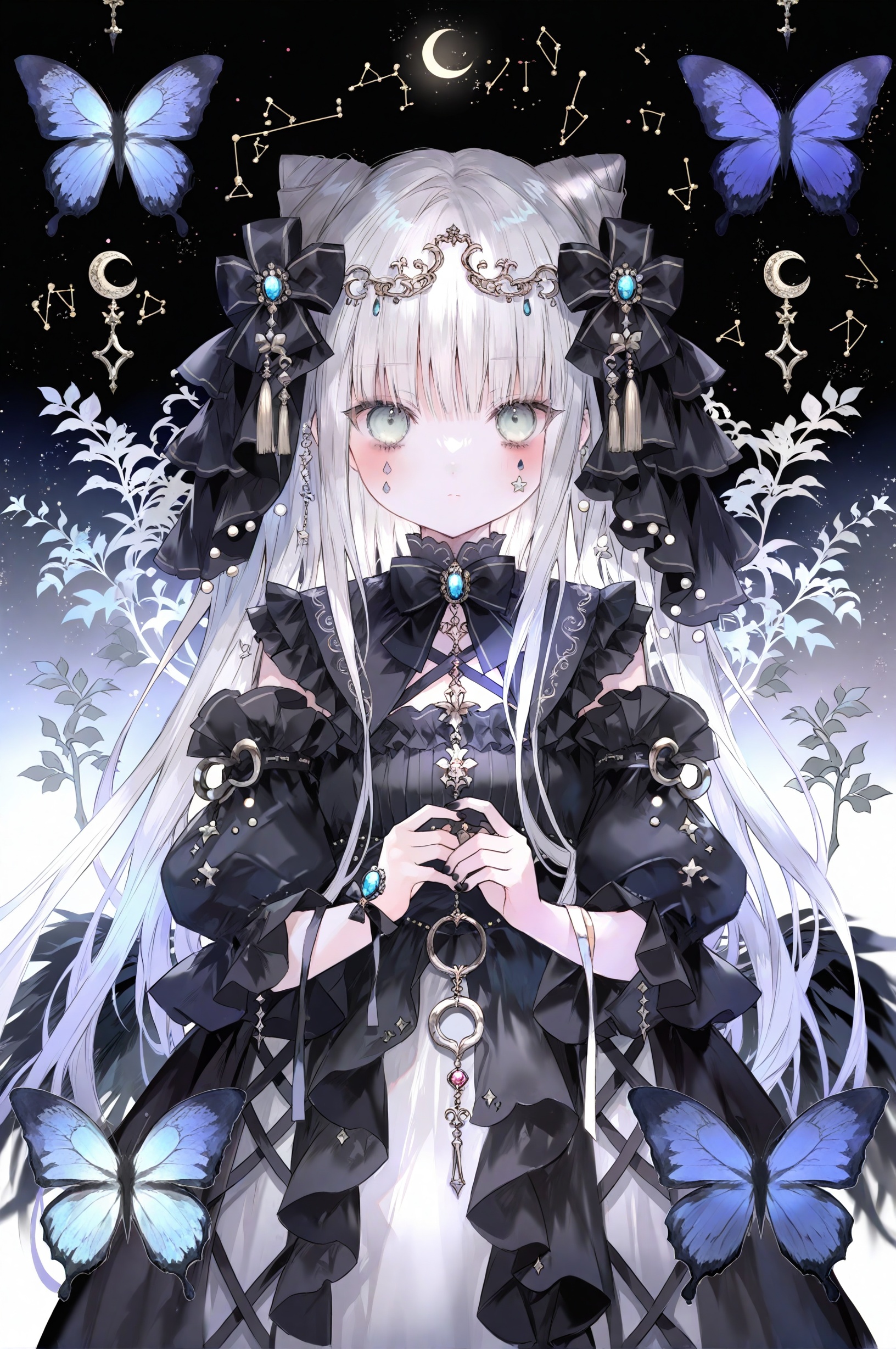 butterfly,blue butterfly,1girl,bug,solo,dress,long hair,looking at viewer,black nails,bow,black bow,lolita fashion,black dress,blush,hair bow,white hair,constellation,star (sky),moon,nail polish,cone hair bun,straight-on,facial mark,crescent,hair bun,blue eyes,hair ornament,jewelry,gothic lolita,own hands together,closed mouth,long sleeves,night,frills,expressionless,tassel,night sky,cowboy shot,detached sleeves,frilled dress,puffy sleeves,grey hair,black ribbon,ribbon,double bun,starry sky,blunt bangs,crescent moon,very long hair,bowtie,sky,star (symbol),black bowtie,headdress,fingernails,two-tone dress,circlet,plant,white dress,green eyes,gradient background,layered dress,black background,standing,gem,wide sleeves,sidelocks,animal,grey eyes,wings,ring,cross-laced clothes,upper body,aqua eyes,black sleeves,key,leaf,flower,headpiece,juliet sleeves,facial tattoo,hair ribbon,cross,frilled sleeves,full moon,<lora:lp29New.up2.1-000030:0.9>,