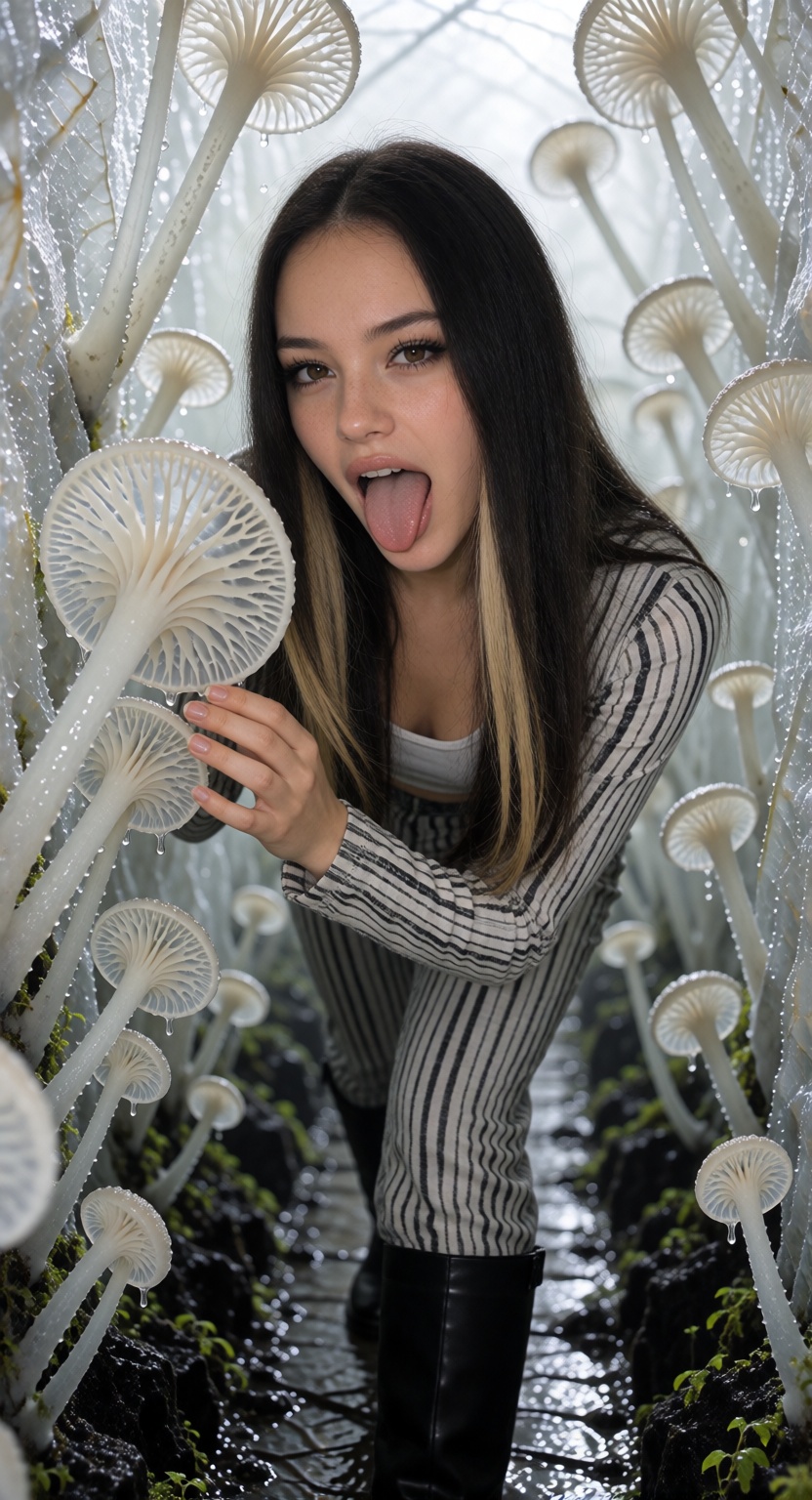 ChirlyX,  long,  straight dark hair with broad blonde underlayers and face-framing sections A photorealistic cinematic pho...