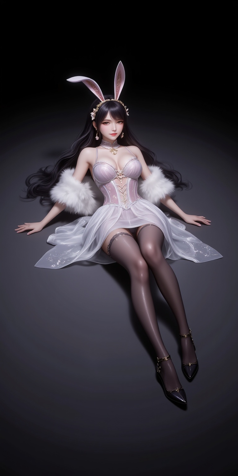 <lora:婚纱1·人物百搭款6:1.1>,hunsha,1girl,dress,solo,breasts,fur shawl,white dress,cleavage,bare shoulders,medium breasts,indoors,strapless dress,sparkle,high_heels,full body,(black_pantyhose:1.2),on back,lying on the ground,(leg_up:1.1),black_background,simple background,cover,gradient background,close-up details,outstanding style,adding a touch of dimension to your images without compromising details,close-up,<lora:DJ滤镜_2.5D版:0.3>,lvjing,<lora:油画唯美滤镜15:0.2>,baoshi,<lora:江楠楠·衣服百搭款6:1.1>,jiangnannan,black hair,long hair,wavy hair,very long hair,brown eyes,fair_skin,rabbit ears headwear,