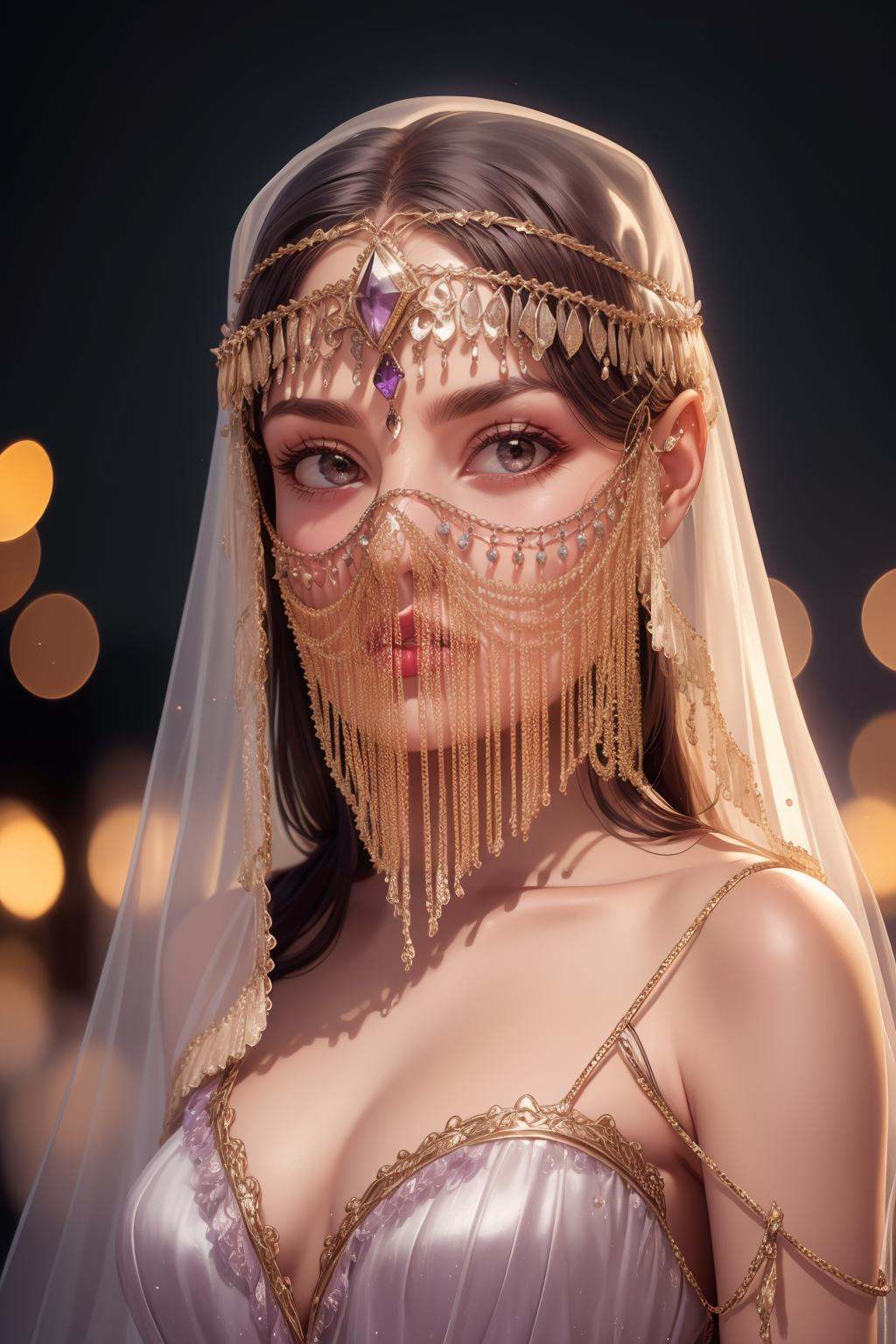 cinematic film still faceveilmask,  (organza long mouth veil),  [amethyst forehead jewel on Tensor.Art