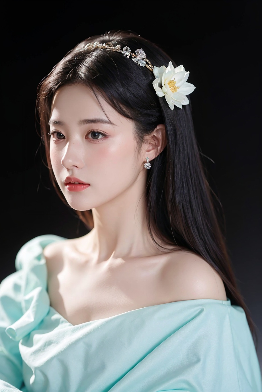 1girl, solo,(front view:1.2),(looking_at_viewer:1.4),(eye-contact:1.4),,black hair, long hair, jewelry, realistic, earrings, hair ornament, black eyes, lips, collarbone, parted lips, flower, watermark, upper body, portrait, hair flower, dress, web address, , <lora:YG红颜阁美女10:0.85>,