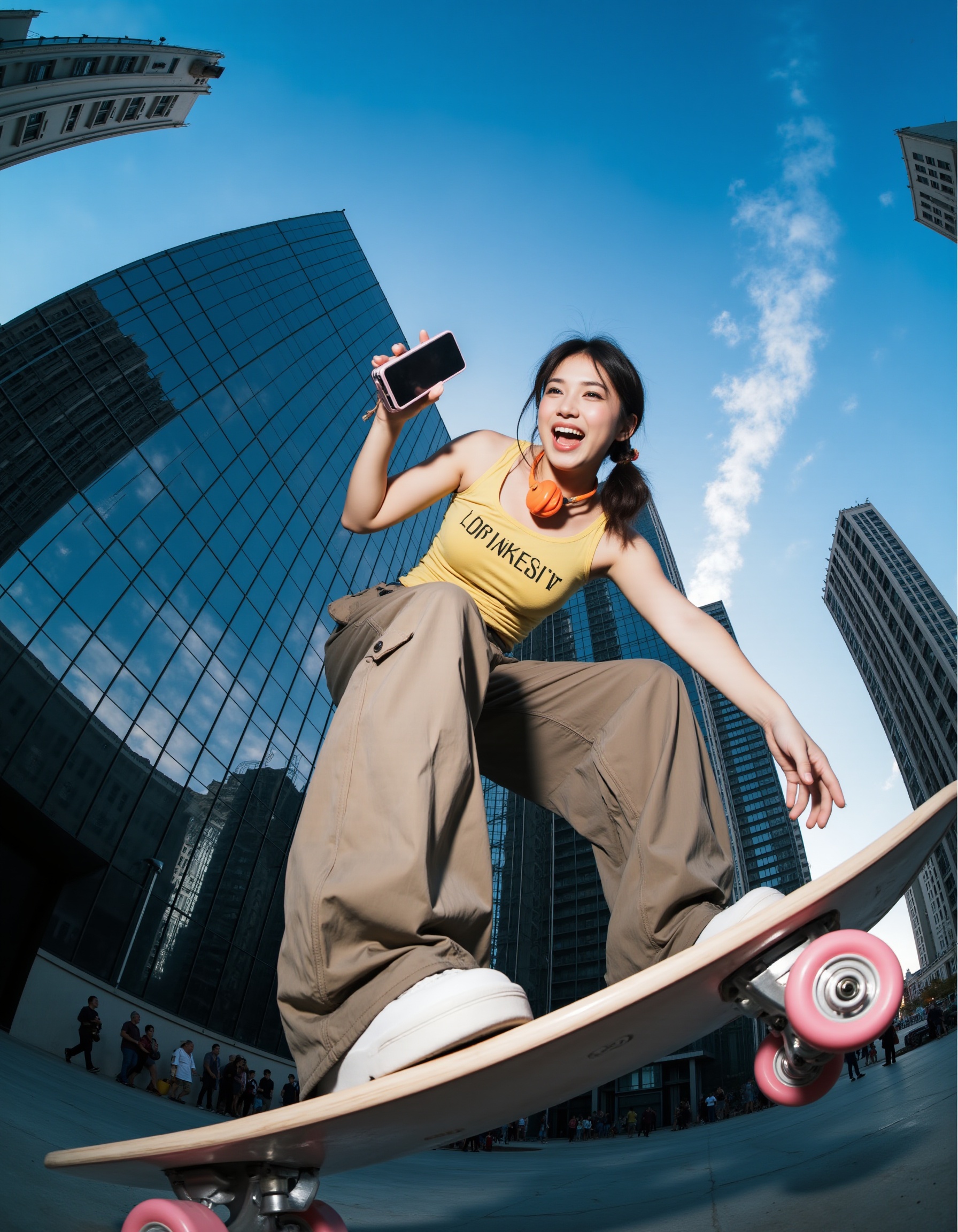 fisheye lens,This is a high-angle photograph of a young woman skateboarding in an urban environment. She is captured from a low angle, looking up at her while she is in mid-action, giving the image a dynamic and energetic feel. She is wearing a bright yellow sleeveless crop top with the word "LONELY" written in bold white letters across the chest, and loose-fitting, light brown cargo pants. Her dark brown hair is styled in a sleek ponytail, and she has a playful, joyful expression on her face. She is holding a smartphone in her right hand and wearing a bright orange earphone around her neck. The background features a cityscape with tall, modern buildings with reflective glass facades, creating a mirror-like effect that adds depth to the image. The sky is a clear blue with a few wispy clouds, indicating a sunny day. The skateboard she is riding has a light wood deck with a pink wheel, and her feet are in white sneakers. The overall composition highlights the thrill and freedom of skateboarding in an urban setting, with the woman's confident and spirited demeanor dominating the scene. <lora:特摄镜头-鱼眼FLUX:0.9>