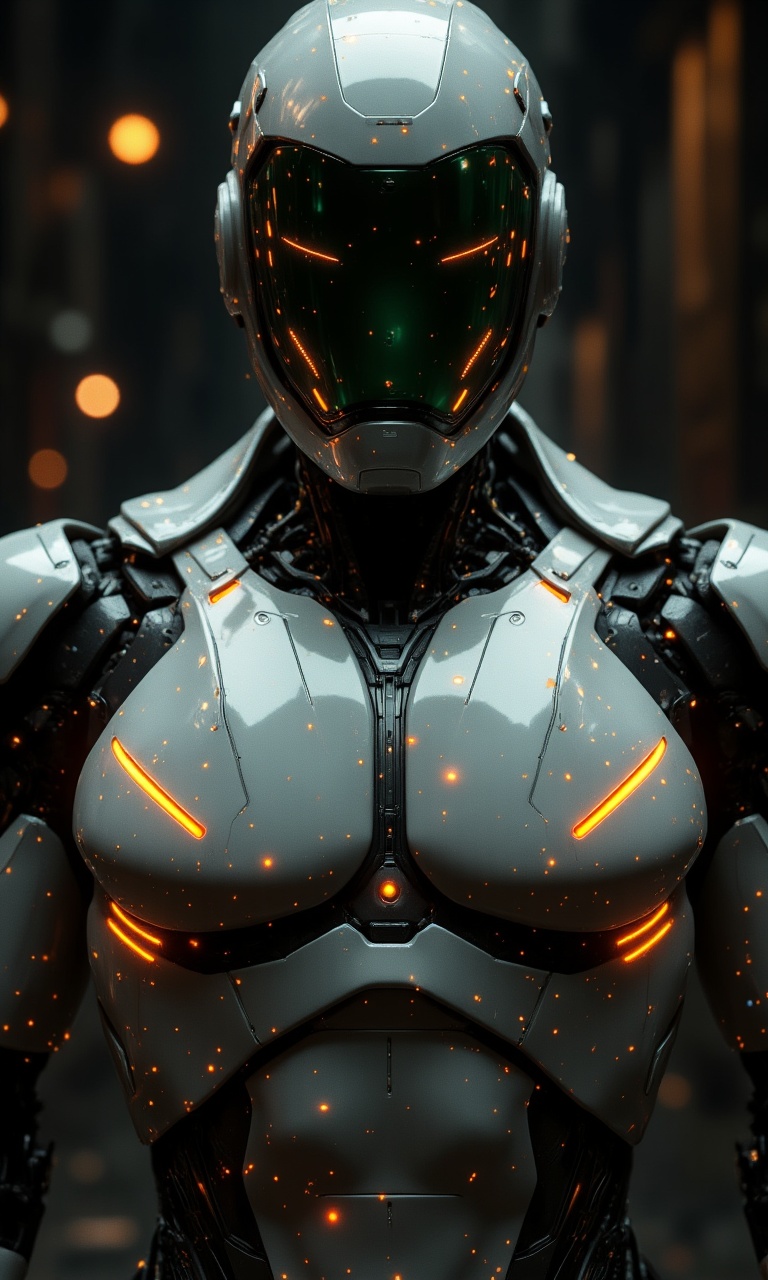 JMstyle-CGI,A highly detailed CGI image of a futuristic robotic humanoid,seen from the chest up,with a sleek,metallic body in a silver color with orange glowing lines and accents. The robot has a helmet with a dark green visor,through which no eyes are visible,giving it a mysterious and somewhat menacing appearance. The design is clean and angular,with a focus on functionality and power,suggesting it is a high-tech warrior or combatant. The background is dark and blurry,with indistinct shapes that hint at an industrial or sci-fi environment,but are not clearly defined. The lighting is dramatic,with strong highlights and shadows,emphasizing the robot's form and the glowing lines. The overall color scheme is dark and moody,with the bright orange lines providing a striking contrast. The image has a high level of detail and realism,with smooth,reflective surfaces and intricate mechanical components. The robot has a strong,imposing presence,and the image conveys a sense of power and technology. The style is reminiscent of concept art or a futuristic design,possibly from a science fiction or cyberpunk setting. The robot's design is both elegant and intimidating,with a blend of organic and mechanical elements. The image is a digital rendering,with a high level of detail and realism.,