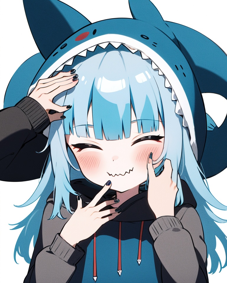 gawr gura, 1girl, virtual youtuber, shark tail, tail, fish tail, gawr gura \(1st costume\), streaked hair, multicolored hair, closed eyes, fins, hood, headpat, solo focus, hair ornament, blue nails, hoodie, blue hair, blue hoodie, sleeves past wrists, shark girl, grey hair, shark hair ornament, blush, two side up, pov, long sleeves, smile, blunt bangs, nail polish, :3, white background