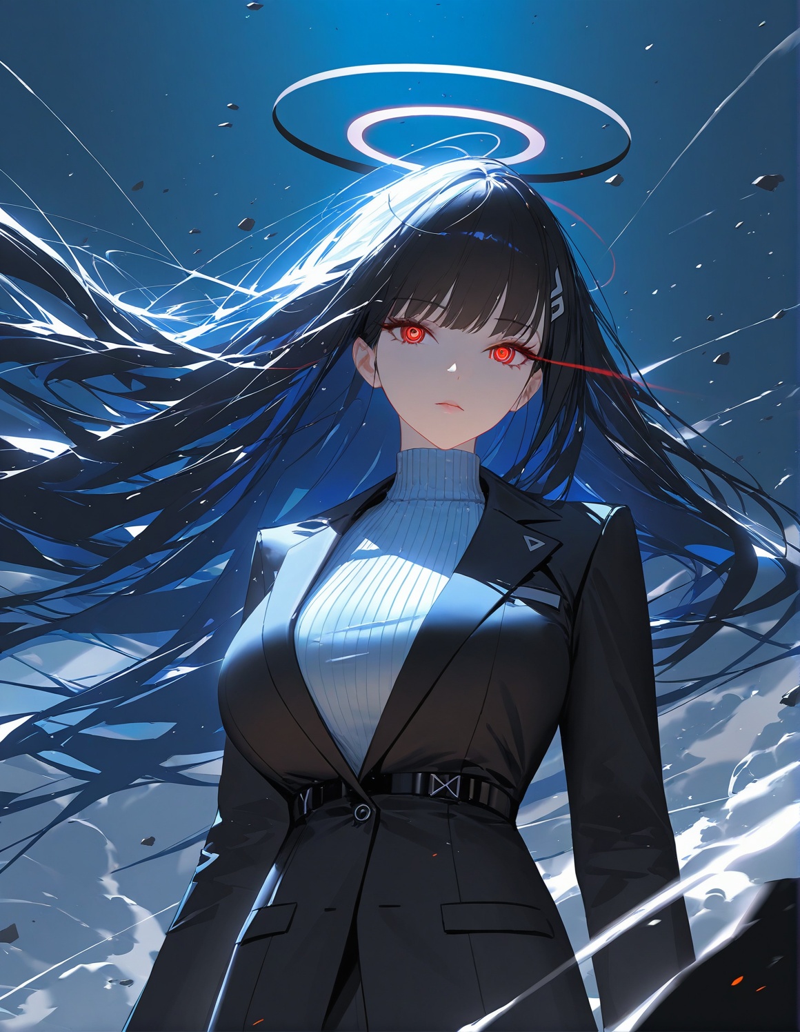 newest,very aesthetic,1girl,solo,rio \(blue archive\),blue archive,halo,cowboy shot,floating hair,hand up,faiz belt,faiz gauntlets,looking at viewer,expressionless,suit,high collar ribbed sweater,aged up,artist:tianliang duohe fangdongye,(artist:modare:1.1),artist:ask \(askzy\),looking at viewer,face focus,eye trail,backlighting,blue theme,depth of field,cinematic lighting,light particles,lens flare,flying debris,dust,smoke,masterpiece,best quality,amazing quality,very aesthetic,absurdres,best quality,newest,(artist:quasarcake:0.8),extreme aesthetic,(wlop:0.9),masterpiece,best quality,good quality,newest,year 2024,year 2023,very aesthetic,absurdres,Visual impact,A shot with tension,ultra-high resolution,32K UHD,sharp focus,best-quality,masterpiece,Emotionalization,unconventional supreme masterpiece,masterful details,temperate atmosphere,with a high-end texture,in the style of fashion photography,(Visual impact:1.2),giving the poster a dynamic and visually striking appearance,impactful picture,offcial art,colorful,splash of color,movie perspective,