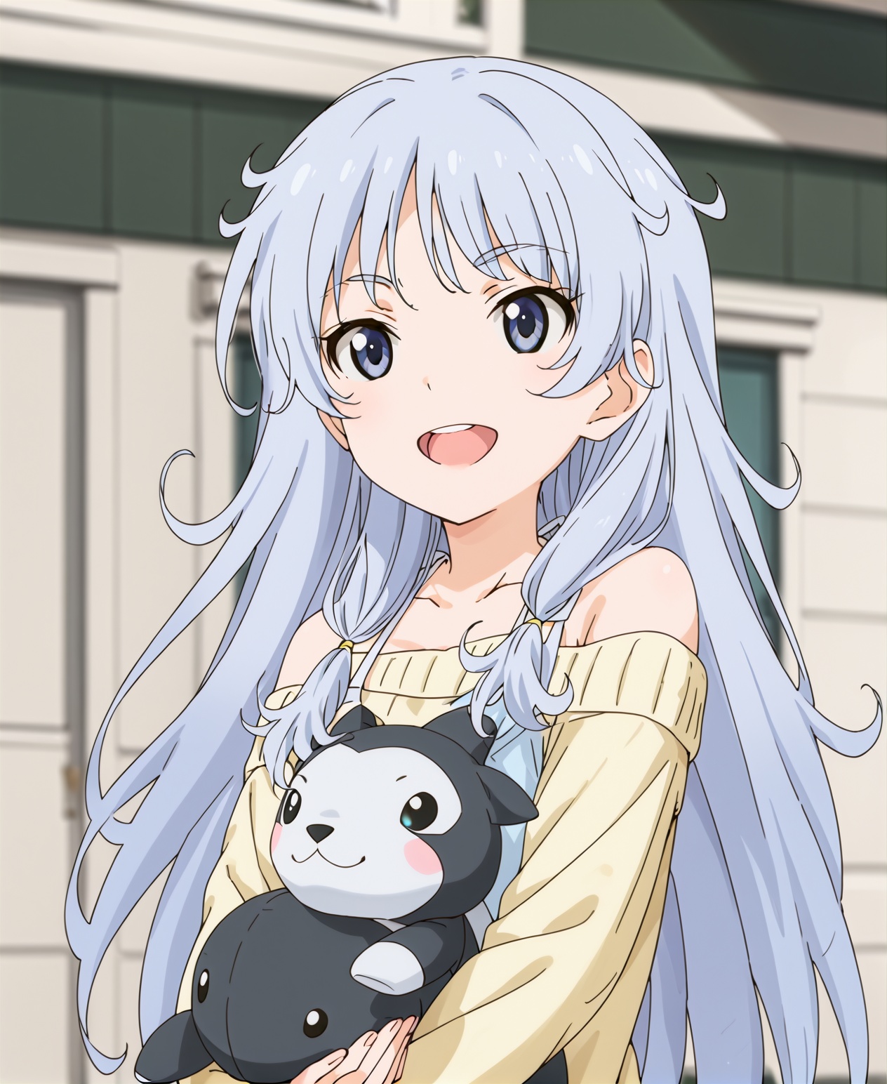 1girl,solo,long hair,smile,open mouth,blue eyes,holding,bare shoulders,blue hair,upper body,:d,sweater,stuffed toy,stuffed animal,light blue hair,<lora:pony动画锻炼-出海樱1.0:0.8>,