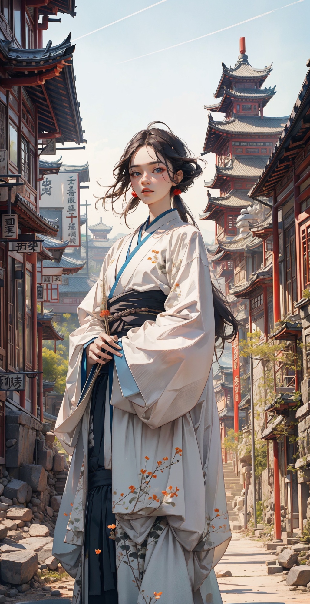 elaborate Hanfu:1.3,masterpiece,high quality,best quality),(colorful),out door,in china environment,(delicate eyes and face),volumatic light,ray tracing,<lora:elaborate Hanfu_20230808075428:0.5>,out hand,Exquisitely dressed1.5