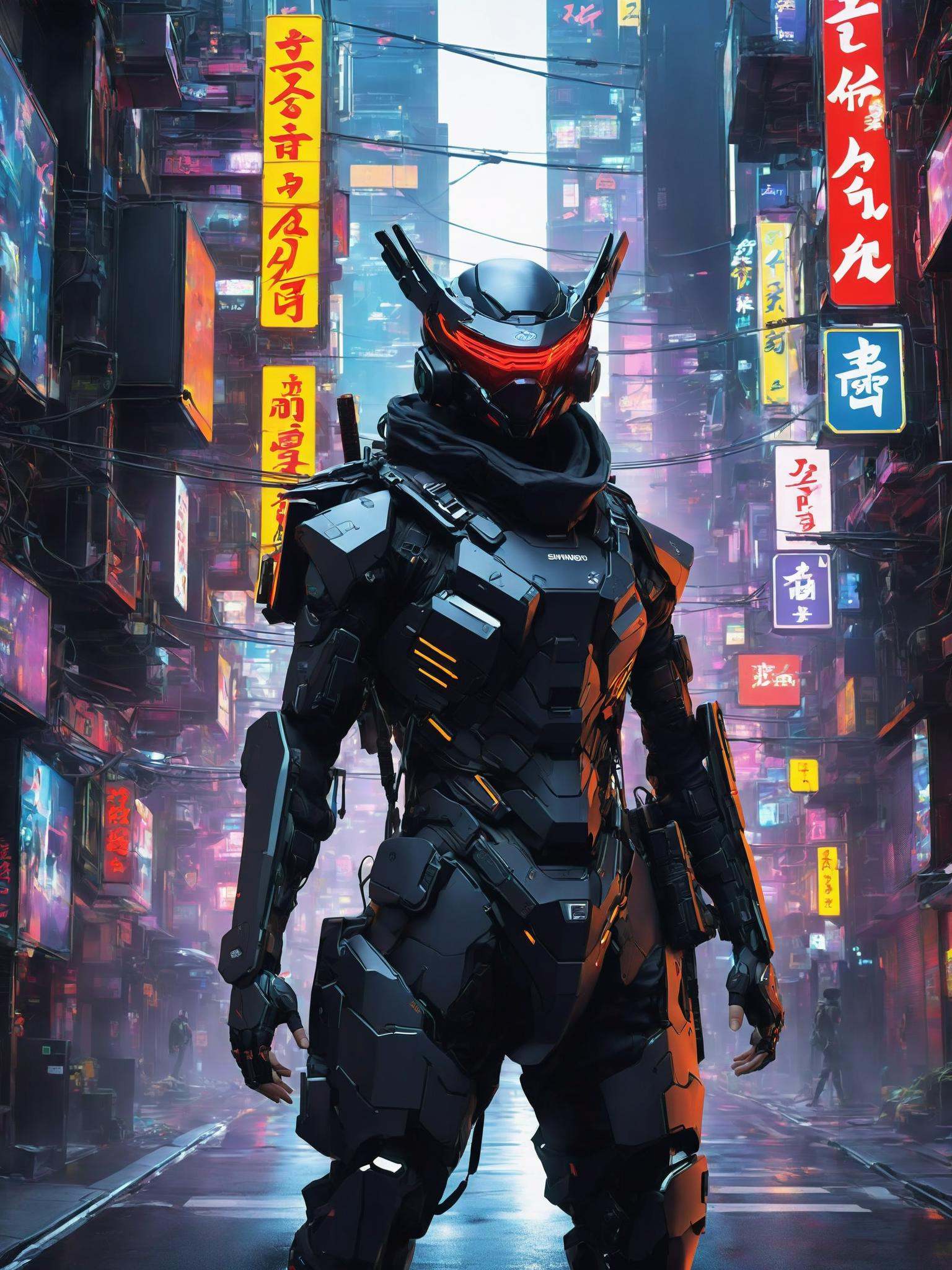 A Shinobi courier,  equipped with cybernetic enhancements,  navigates the labyrinthine streets of a bustling futuristic me...