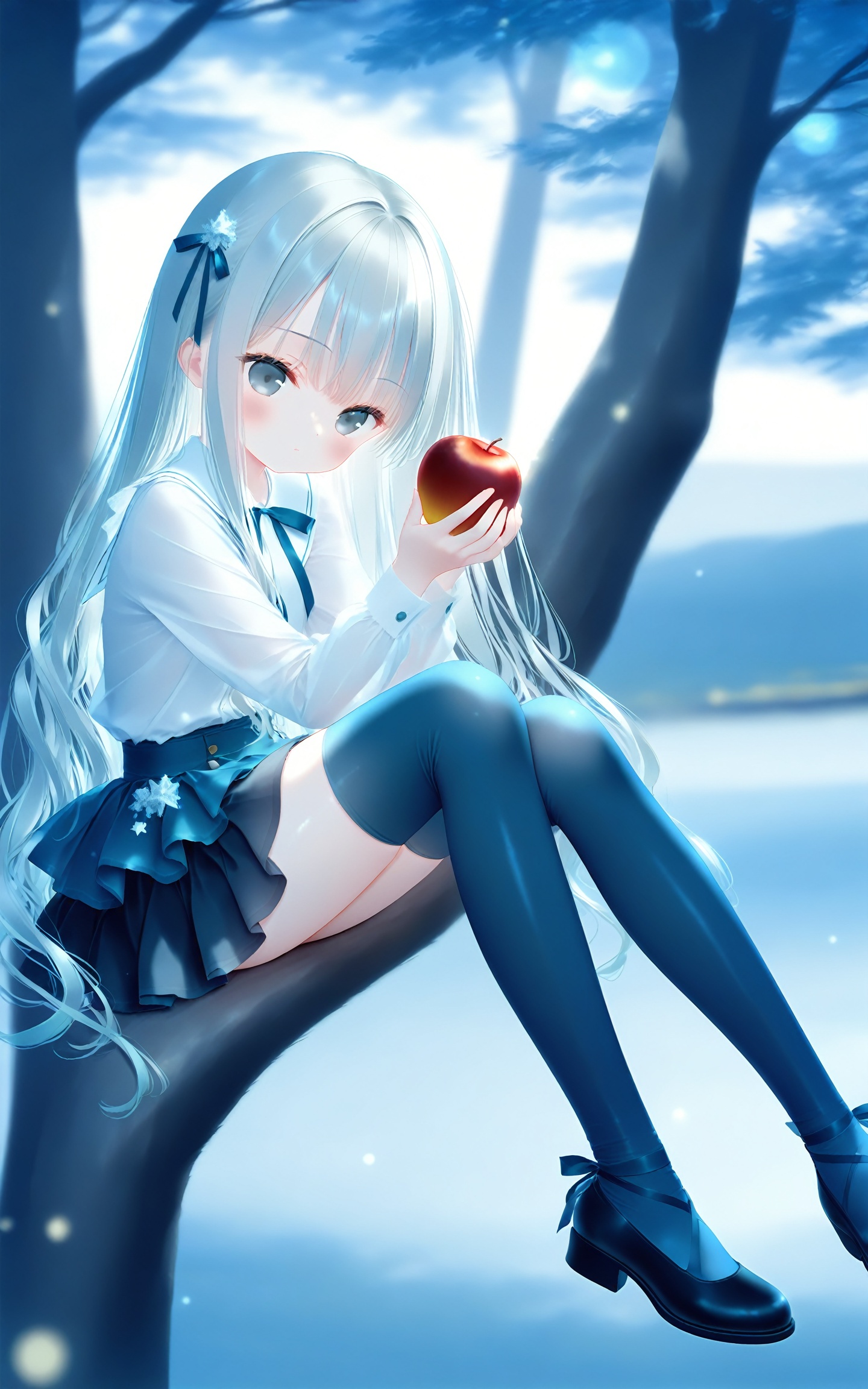 masterpiece,best quality,high quality,chromatic_aberration,Light Blue Theme,//,tinker_bell,1girl,absurdres,apple,black_skirt,blue_ribbon,blue_thighhighs,food,fruit,full_body,grey_eyes,hair_ornament,head_tilt,highres,holding,holding_food,holding_fruit,huge_filesize,in_tree,layered_skirt,leg_ribbon,long_hair,long_sleeves,miniskirt,original,pleated_skirt,red_apple,ribbon,see-through_silhouette,shirt,silver_hair,sitting,sitting_in_tree,skirt,solo,thighhighs,tinker_bell_\(pixiv_10956015\),tree,very_long_hair,white_shirt //,year_2023,year_2024,konya_karasue //,official art,depth of field,detailed light,blurry background,cinematic lighting,ray tracing,amazing quality,very aesthetic,backlighting,photo background,chromatic aberration,volumetric lighting,depth of field,blurry background,shiny skin,cinematic lighting,day,very aesthetic,