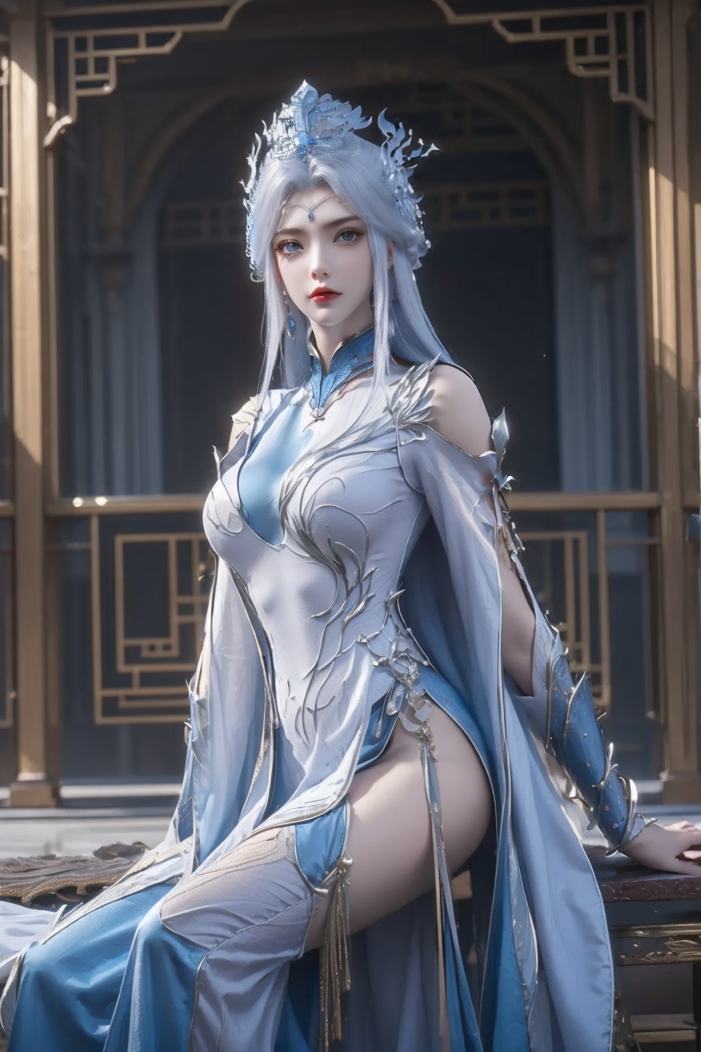 ningyudie,1 girl,blue eyes,long white hair,silver crown,armor,headwear,gufeng,half body photo,petal,