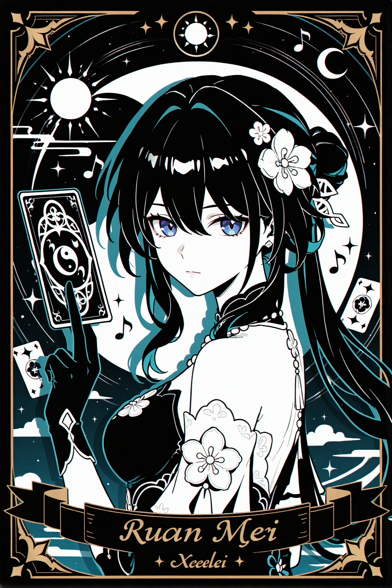 chihaya_anon,1girl,::,__artist__,year 2024,(drop shadow:1.4),(close-up:0.8),(shadow:1.2),(hands up:1.2),(border:1.2),(outside border:1.2),(hand up:1.2),(character name:1.2),from side,hand up,closed mouth,upper body,high contrast,frown,looking at another,looking at viewer,rope,portrait,drop shadow,sparkle,^ ^,flag,limited palette,moon,yin yang,bug,cloud,star (symbol),circle,silk,arrow (symbol),staff,(musical note),(((tarot card))),black theme,(((sun))),cube,crescent moon,flower,sunlight,colorful,very awa,masterpiece,best quality,newest,highres,absurdres,<lora:ruanmei_new-ill-Tanger-000014:0.8>,ruan mei \(honkai: star rail\),xuemei,clothes: xuemei qipao,pearl thigh strap,xuemei mismatched gloves,seele vollerei,1girl,bangs,blue eyes,xuemei hair ornament,gloves,bare shoulders,hair flower,holding fan,