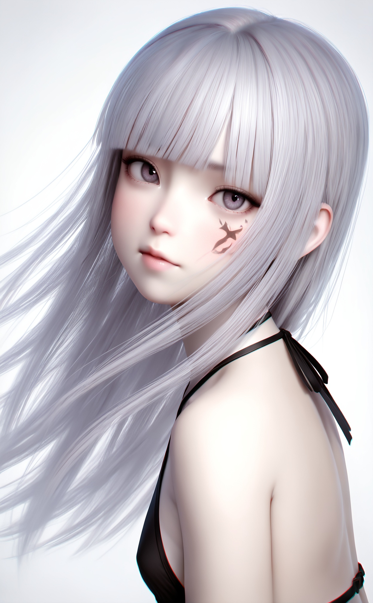 masterpiece,highres,newest,best quality,high quality,loli,petite,chromatic_aberration,//,1girl,white_skin,silver hair,straight_hair,blunt bangs,//,white_background,halter_top, tied_neck, exposed_back, minimalistic//,year_2023,year_2024,//,