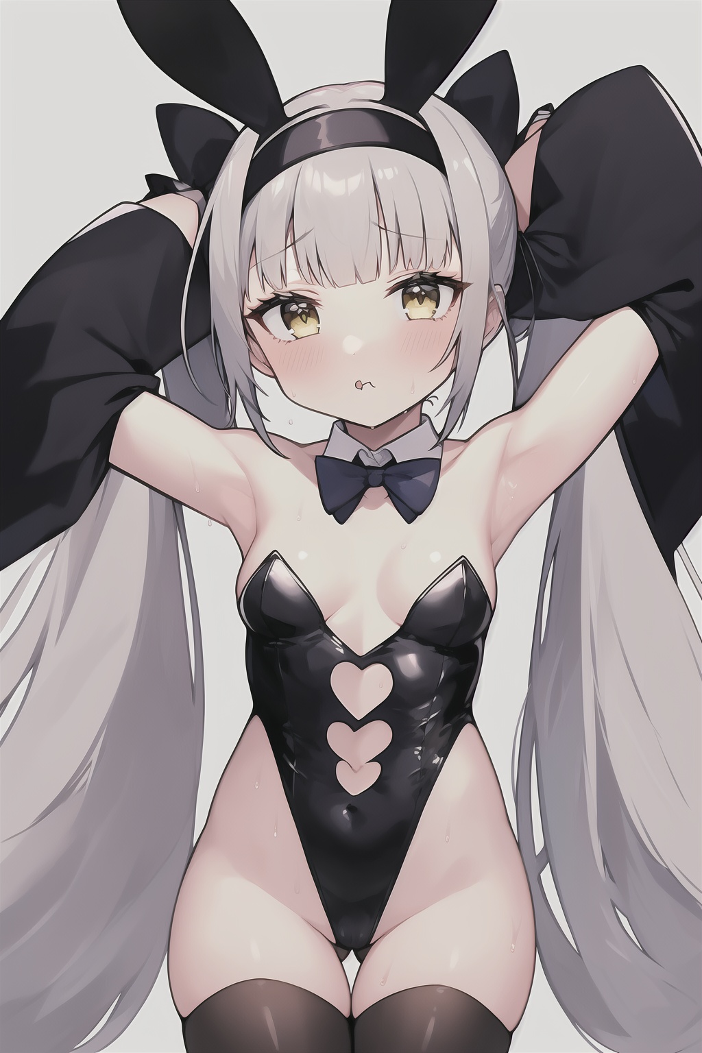 1girl, animal ears, breasts, rabbit ears, solo, covered navel, small breasts, blush, twintails, thighhighs, long hair, white background, arms up, looking at viewer, simple background, hairband, armpits, detached collar, sweat, yellow eyes, bow, very long hair, bunny pose, bangs, blunt bangs, white hair, wrist cuffs, pout, low twintails, playboy bunny, cowboy shot, bowtie, thigh gap, black thighhighs, official alternate costume