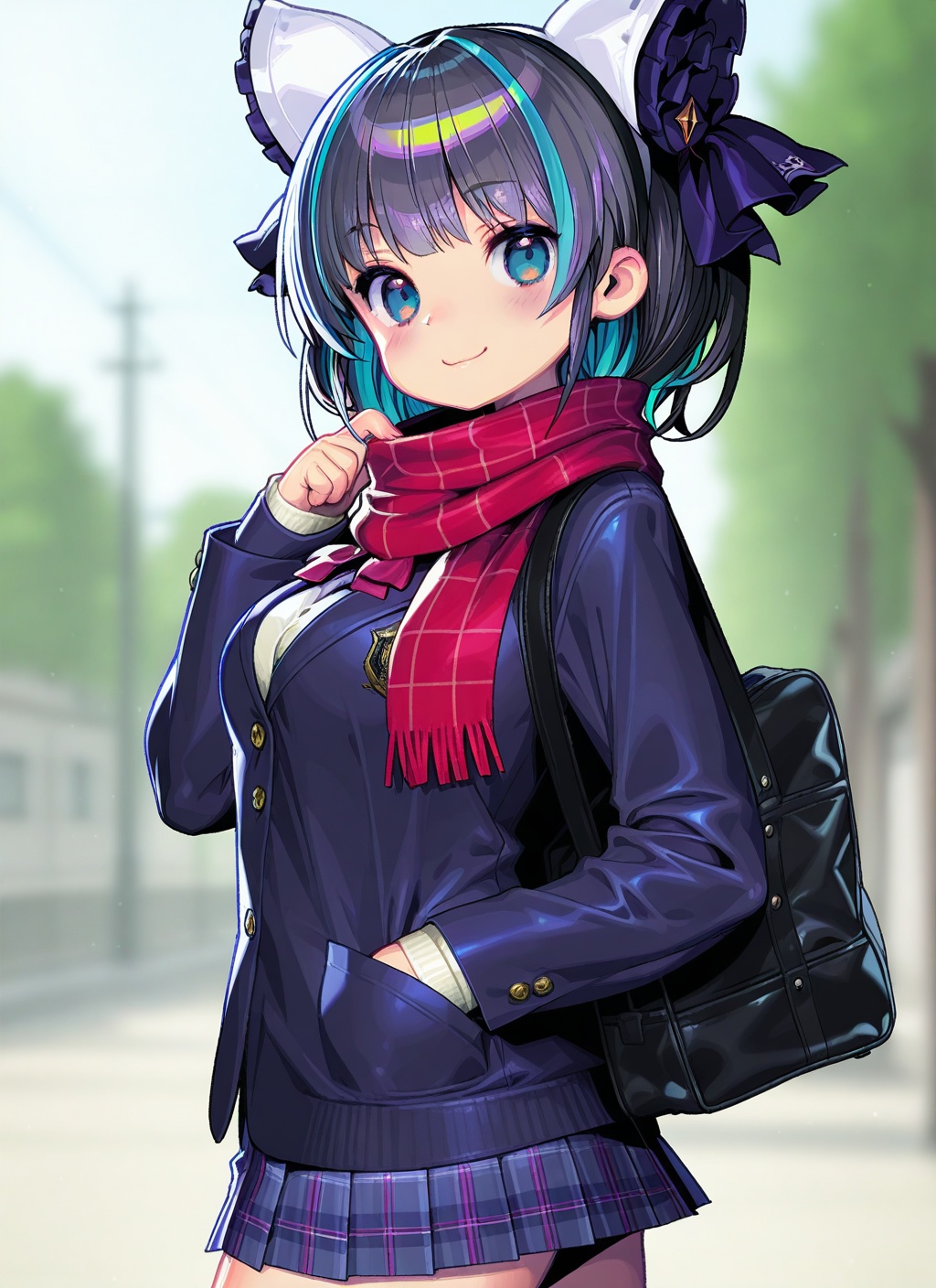 <lora:cheshire_tcitmh_IL_v1.0:1>,cheshire \(azur lane\),multicolored hair,onono imoko,school uniform,scarf,fake animal ears,smile,blurry background,hand in pocket,scarf,solo,twisted torso,, masterpiece,best quality,