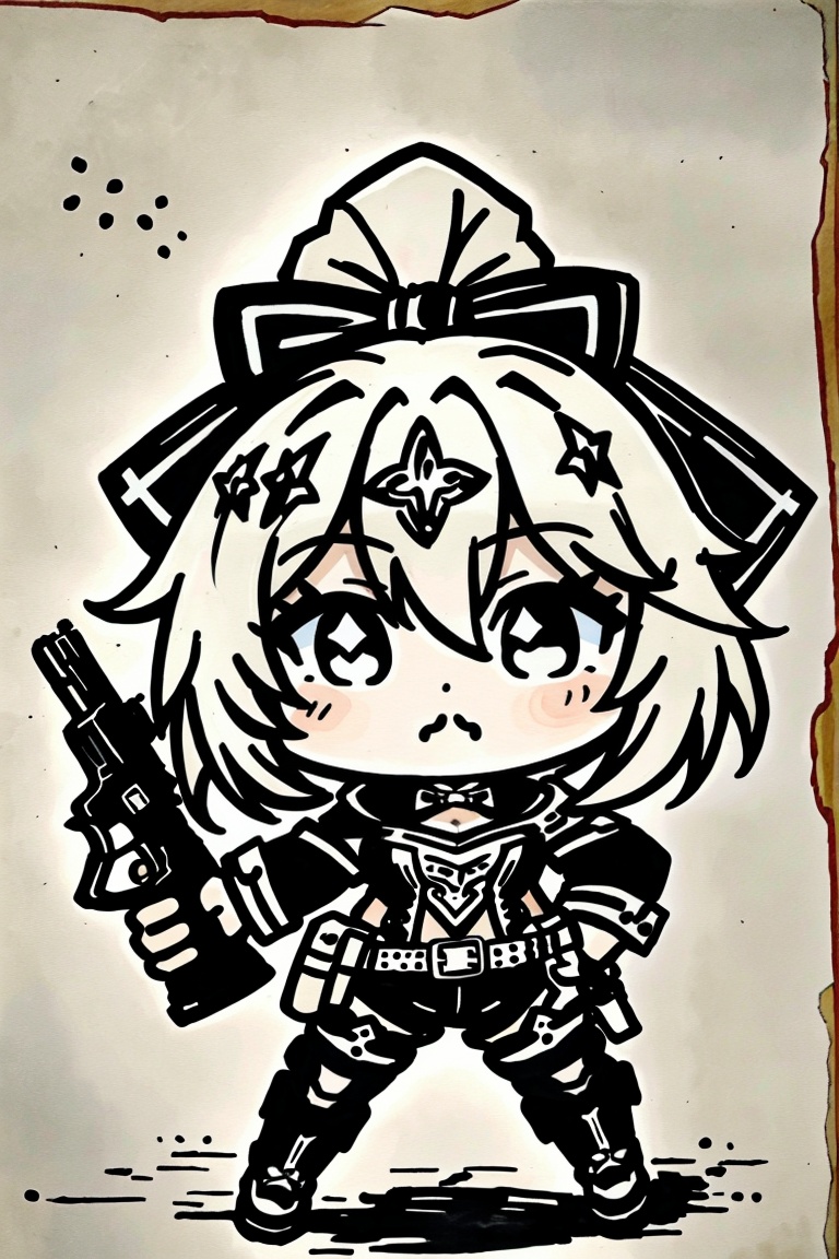 ((HRD, HUD, 8K)),((masterpiece, best quality)), highly detailed, soft light,EmojiPack, 1girl, jean (genshin impact), solo, weapon, gun, chibi, holding, ponytail, holding weapon, traditional media, hair bow, bow, holding gun, looking at viewer, bangs, hand on hip, standing, :<, full body, hair between eyes, sidelocks, belt, handgun, <lora:20240527-1716802627504:0.8>