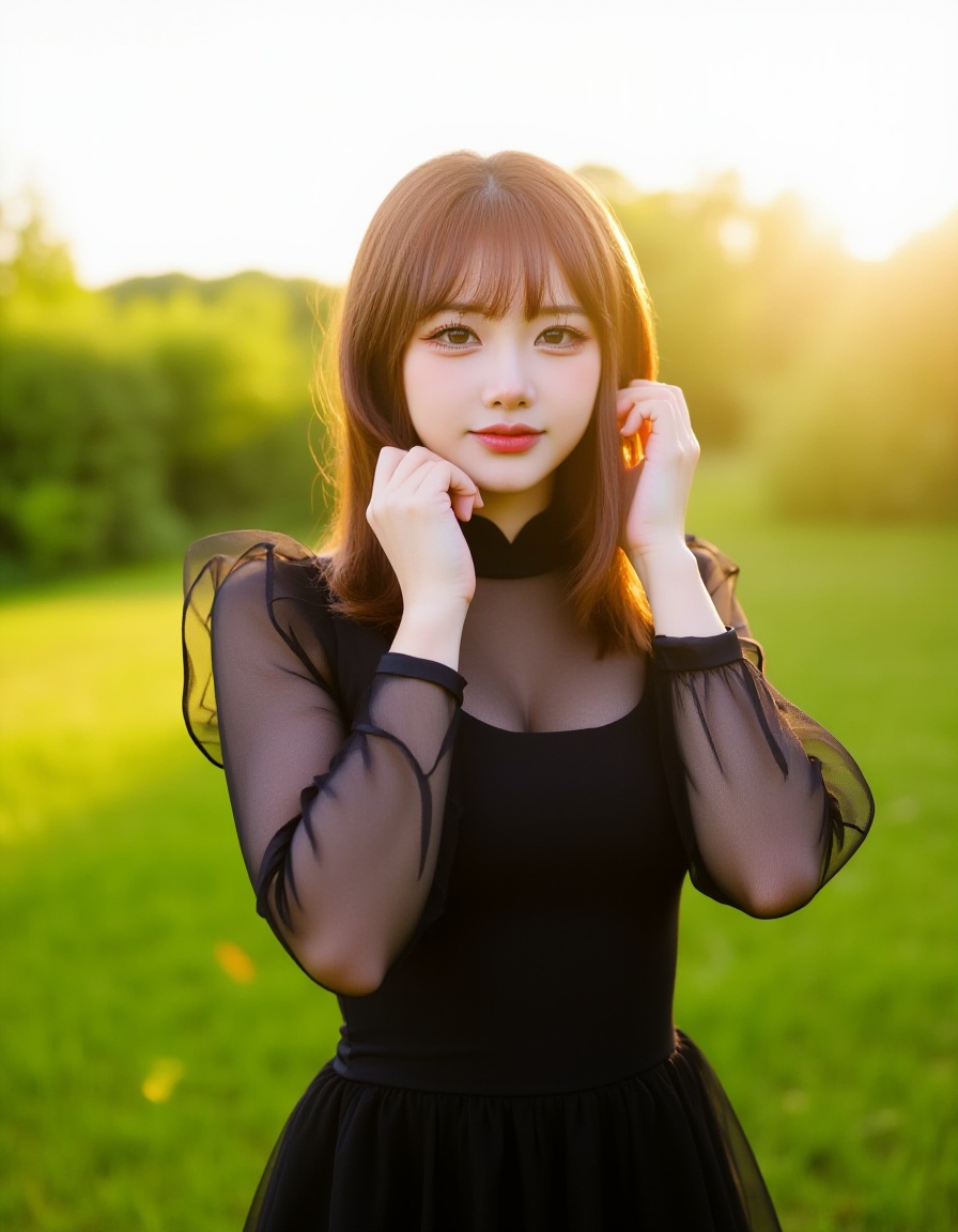 This photograph captures a young Asian woman with fair skin and straight, shoulder-length brown hair. She is standing outdoors in a sunlit field, wearing a sheer black top with puffed sleeves and a black dress underneath. Her expression is neutral, and she is adjusting her hair with both hands. The background features lush greenery and a soft, golden glow from the setting sun, creating a serene, natural ambiance.