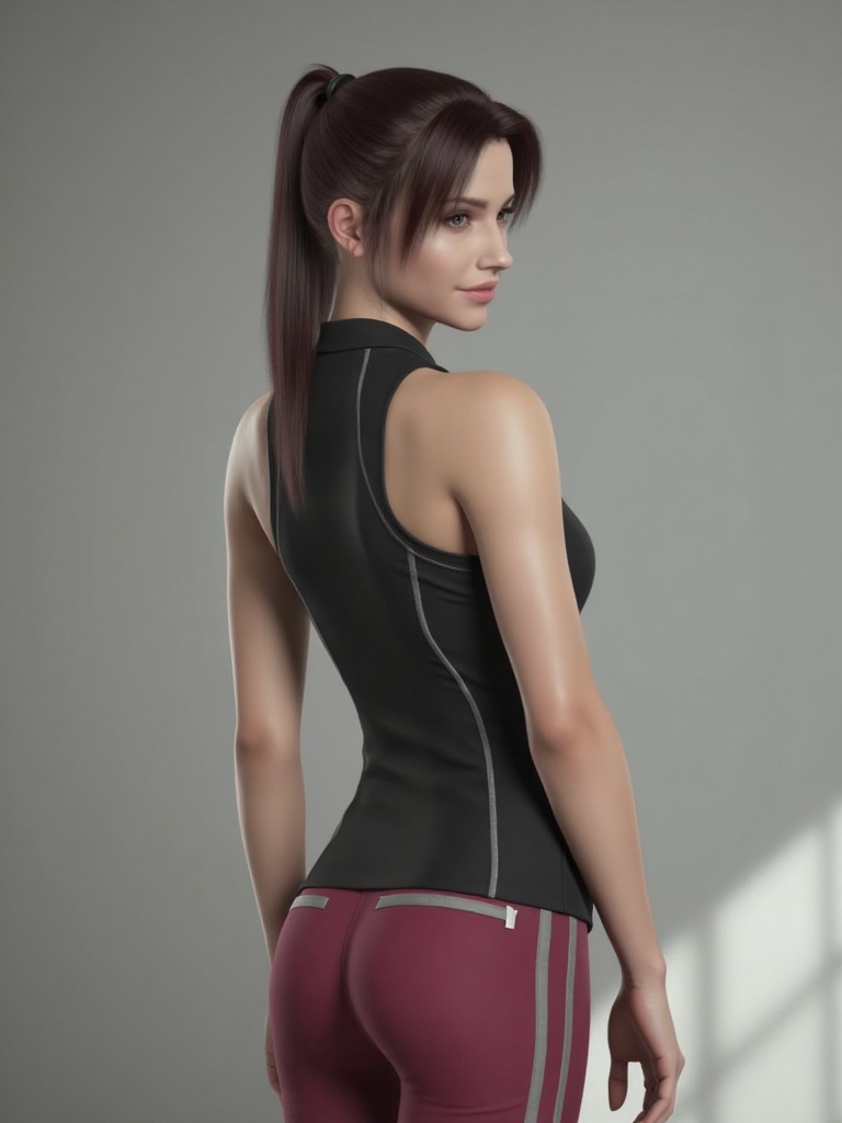 A CGI rendering of the digital image shows a young woman with fair skin,medium-length straight hair tied back,wearing a tracksuit,yoga pants,