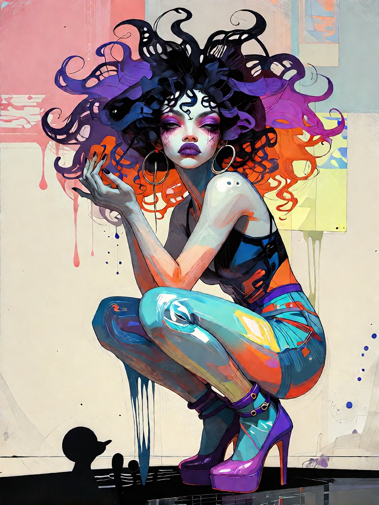Bradhamel art style. A Black woman with an enormous,  voluminous afro composed of swirling,  hyper-saturated curls in elec...