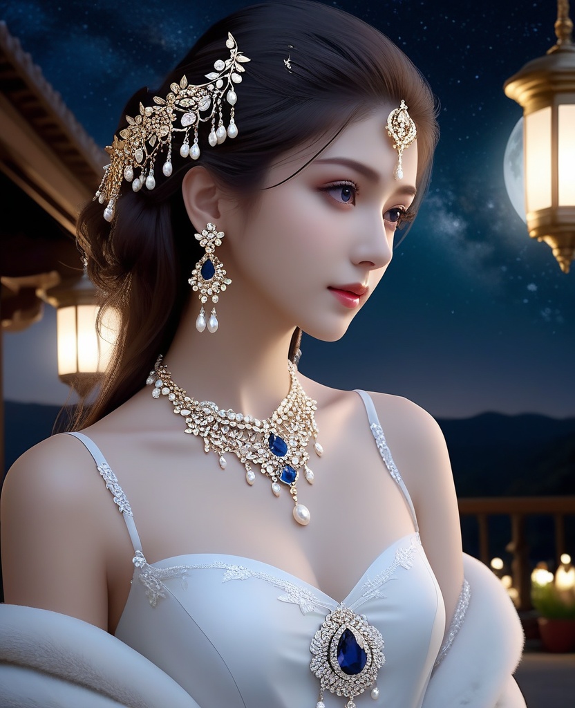 <lora:588-DA-XL-梦塔·雪谜城-白亦君:0.8>(,1girl, ,best quality, ),looking at viewer,masterpiece(,1girl,night, starry sky, milky way,outdoors, full moon,  night sky, darkness,  world of darkness, , ) ,ultra realistic 8k cg,   clean, masterpiece,     (( , )),, , , prestige, luxury, jewelry, diamond, gold, pearl, gem, sapphire, ruby, emerald, intricate detail, delicate pattern, charming, alluring, seductive, erotic, enchanting, hair ornament, necklace, earrings, bracelet, armlet,halo((, )), (),