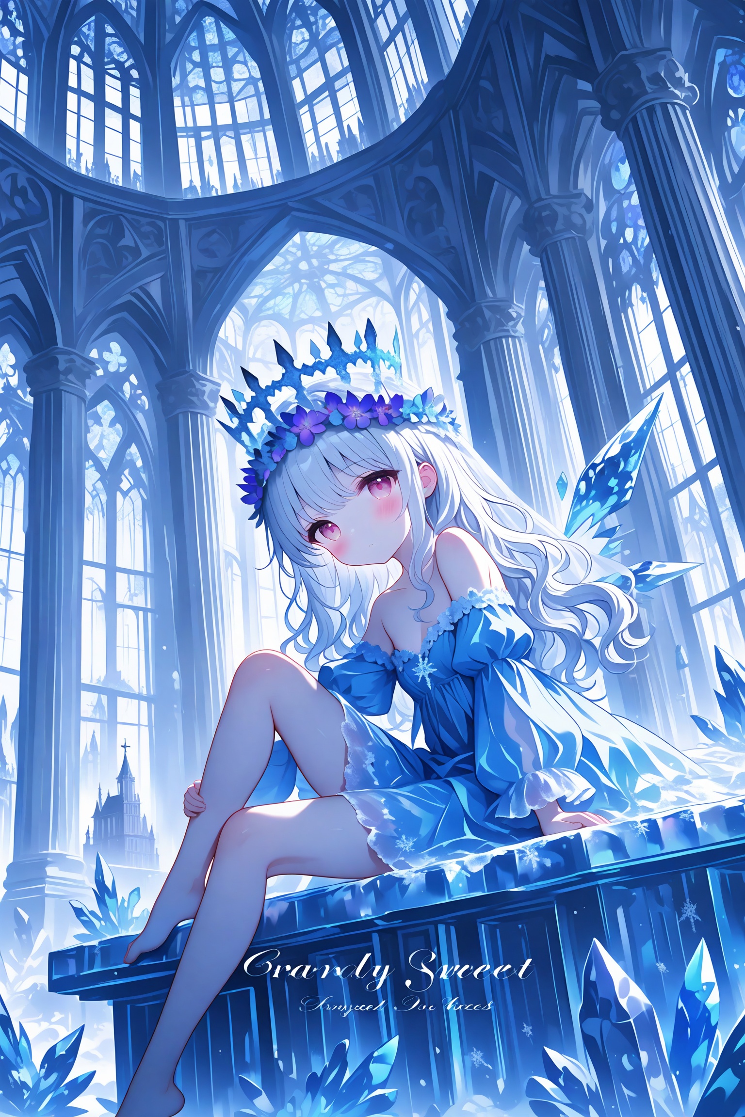 loli,1girl,statue,ice,album cover,long hair,dress,snowflakes,solo,barefoot,head wreath,wings,sitting,bare shoulders,church,looking at viewer,cover,crystal,blue dress,detached sleeves,red eyes,window,ice wings,indoors,blue hair,white hair,flower,blue theme,purple eyes,wreath,hair ornament,bare legs,collarbone,strapless dress,hugging own legs,stained glass,cover page,knee up,architecture,pink eyes,strapless,long sleeves,hair flower,dutch angle,column,grey hair,english text,wide sleeves,pillar,blush,juliet sleeves,expressionless,crown,flower wreath,puffy sleeves,breasts,cleavage,small breasts,frozen,chandelier,off-shoulder dress,leg up,castle,off shoulder,arch,wavy hair,veil,<lora:lp37-000040:0.7>,