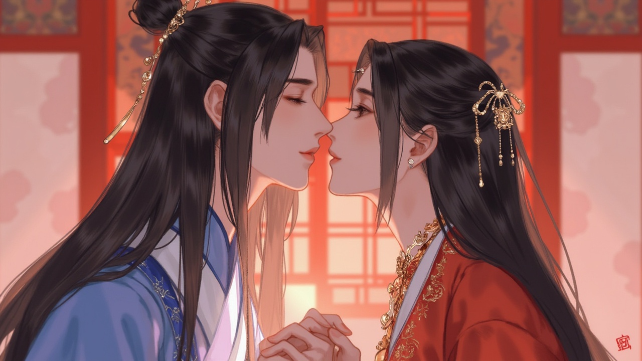 gufeng, multiple girls, 2girls, hair ornament, jewelry, black hair, chinese clothes, long hair, yuri, hanfu, kiss, earrings, closed eyes, long sleeves, necklace,<lora:gufeng:1>,<lora:zshl_style:1>,