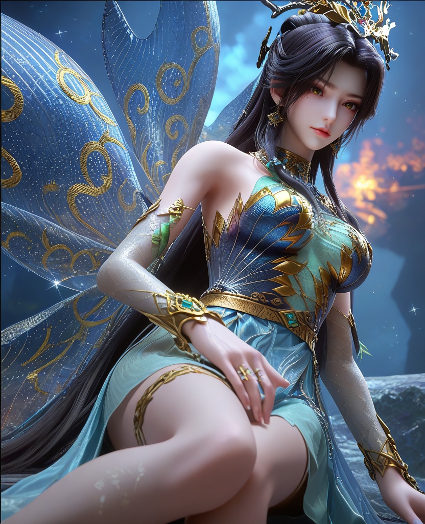 (Sitting, legs tucked under, hands on the lap,:1.1),(large breasts:1.2),<lora:XL16云深不知梦羲和罄水珠:0.95>,miss xihe,blue corset tiered gown,mole under left eye,black hair,traditional chinese updo with long front strands,absurdly long hair,hair ornament,jewelry,elbow gloves,fairy wings,bracelet,bare shoulders,sparkle,, score_9,score_8_up,score_7_up,score_6_up,score_5_up,score_4_up,3d rendering,tag1,tag2, Cinematic Lighting,backlighting,
