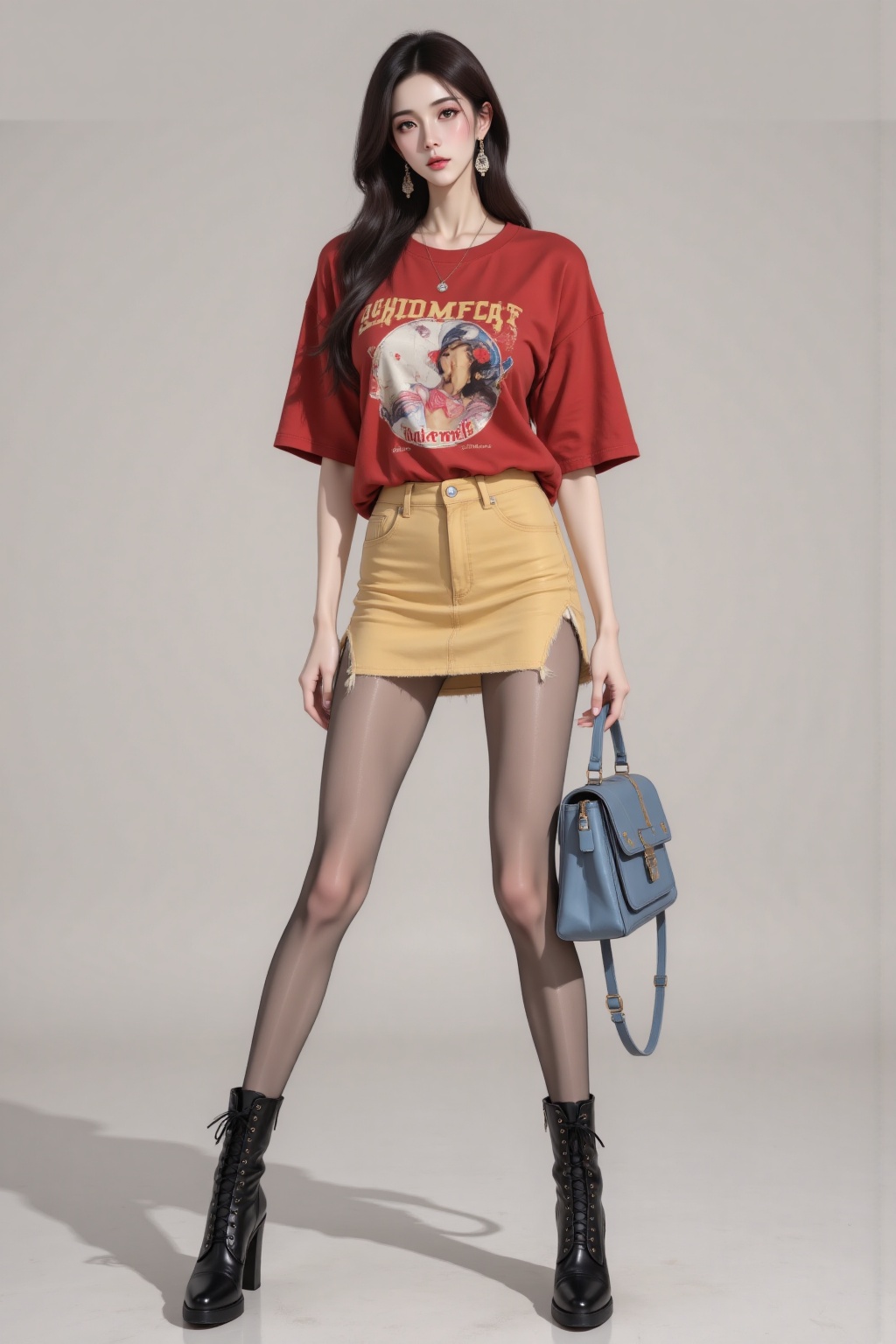 lvjing,baoshi,nvdi,Boa Hancock,large red T-shirt,graphic design,word sudpmfee,yellow skirt,high boots,lace-up style,blue bag,long hair,large earrings,necklace,jeans,, Negative prompt: ng_deepnegative_v1_75t,(badhandv4:1.2),EasyNegative,(worst quality:2),,nsfw, Steps: 30, Sampler: Euler, CFG scale: 3.5, Seed: 3779777952, Size: 1024x1536, Model hash: 8aebb373f6, Model: 星梦·日常照片大模型_日常系出图_v1.safetensors, Denoising strength: 0, RNG: CPU, Lora 1: 凡登-日漫风格-身材展示, Lora Hash 1: 77a75a647f, Lora Weight 1: 0.4, Lora 2: Sunshine-手足齐美-手脚部修复, Lora Hash 2: 8ed1d342a0, Lora Weight 2: 0.4, Lora 3: 凡登-动漫风格-身材修复, Lora Hash 3: 8c94a784dd, Lora Weight 3: 0.8, Lora 4: F1-奥德赛手办设计模型, Lora Hash 4: bcf80d2f27, Lora Weight 4: 0.4, vae_name: automatic