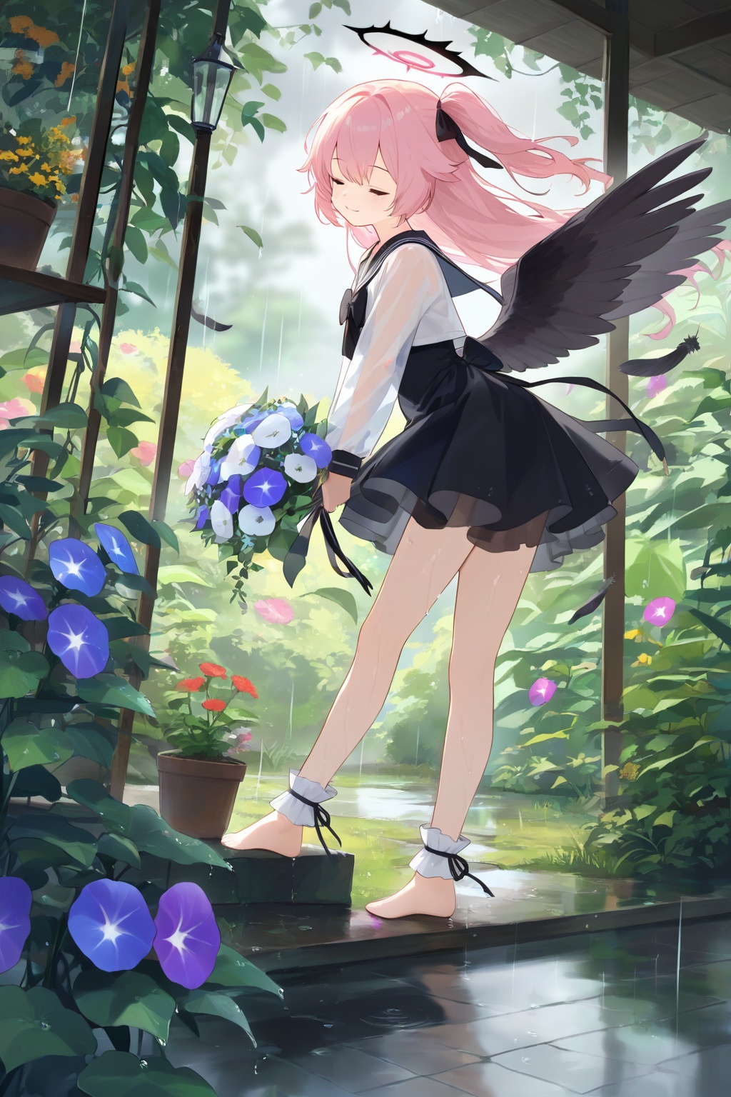 1girl, pink_hair, black_rose, bouquet, closed_eyes,wet,transparent clothes,Many feathers, fluttering feathers, dress, flower, flower_pot, full_body, grass, holding, holding_bouquet, holding_flower, leaf, lily_\(flower\), morning_glory, outdoors, plant, potted_plant, rain, sailor_collar,no shoes, long_hair, smile, solo, standing, white_legwear,halo,Black feathered wings, floating black feathers,frills, barefoot, feet, legs, anklet, leg ribbon, ankle ribbon, ankle cuffs,The left leg is adorned with a black and white ribbon that spirals from the ankle to the knee, dynamic angle,dynamic pose,Dynamic hair,Dynamic skirt,