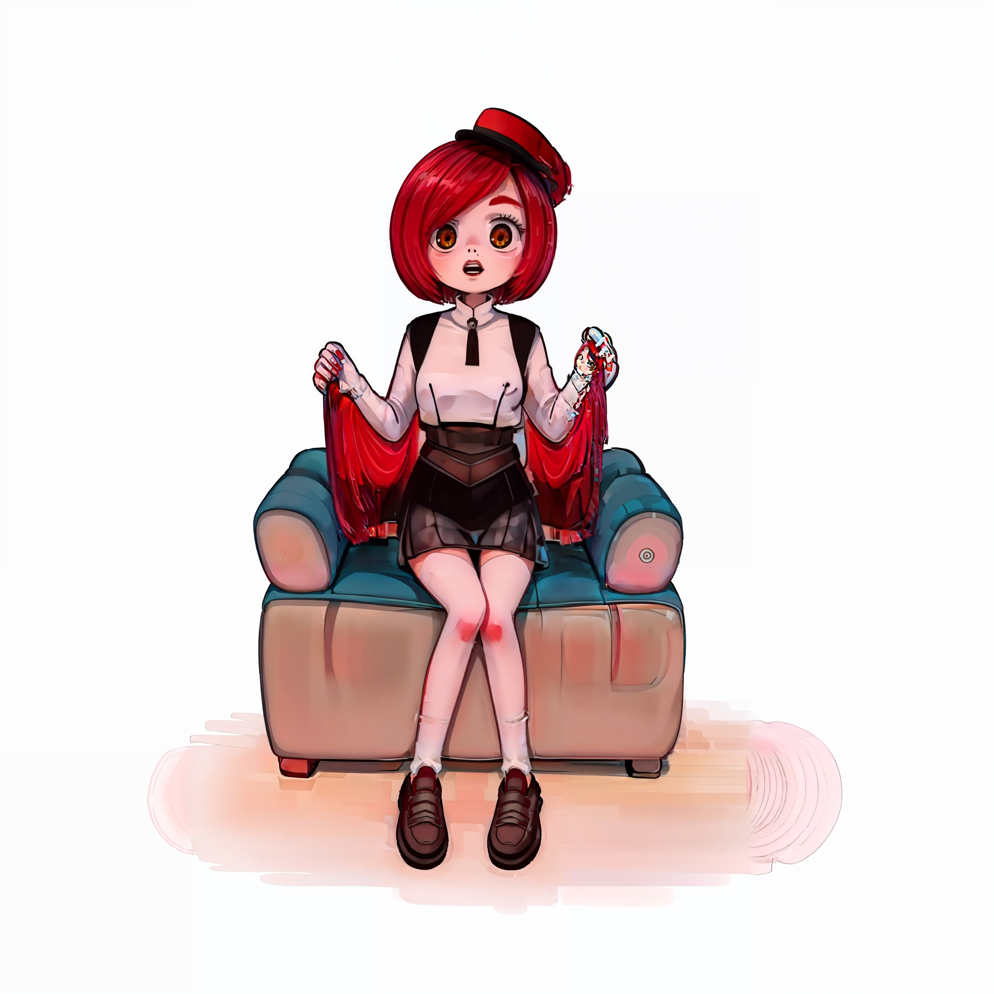 qijimiss(IP),Graphic illustration, GIRL, kwamiss,full body,red hair,Sitting on the couch, student, clean white background <lora:kwamiss v1-000020:0.8><lora:gurin V2-25:0.6>  